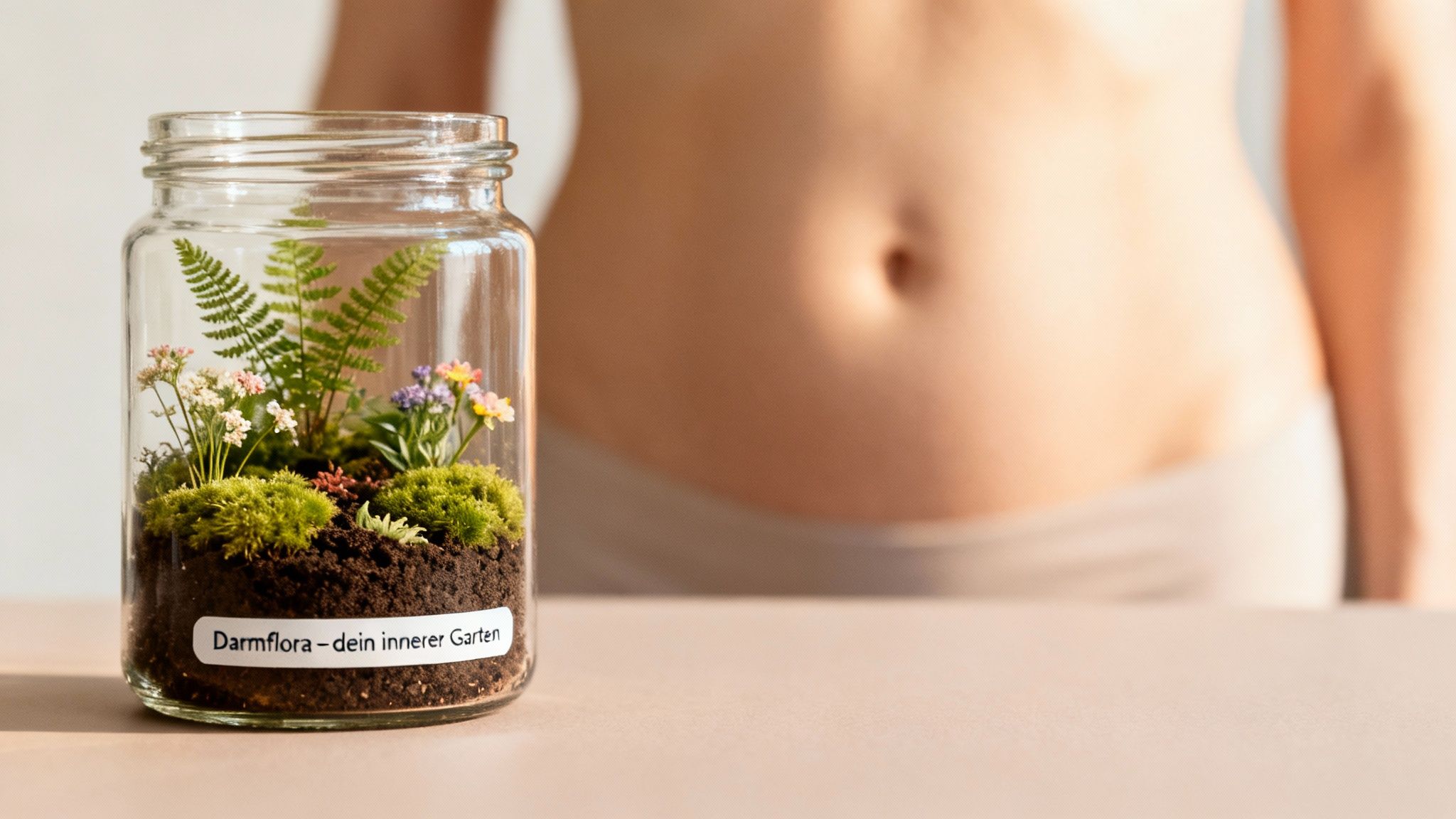 Ein Glas-Terrarium mit Pflanzen und dem Schriftzug "Darmflora – dein innerer Garten" vor einem verschwommenen Bauch.