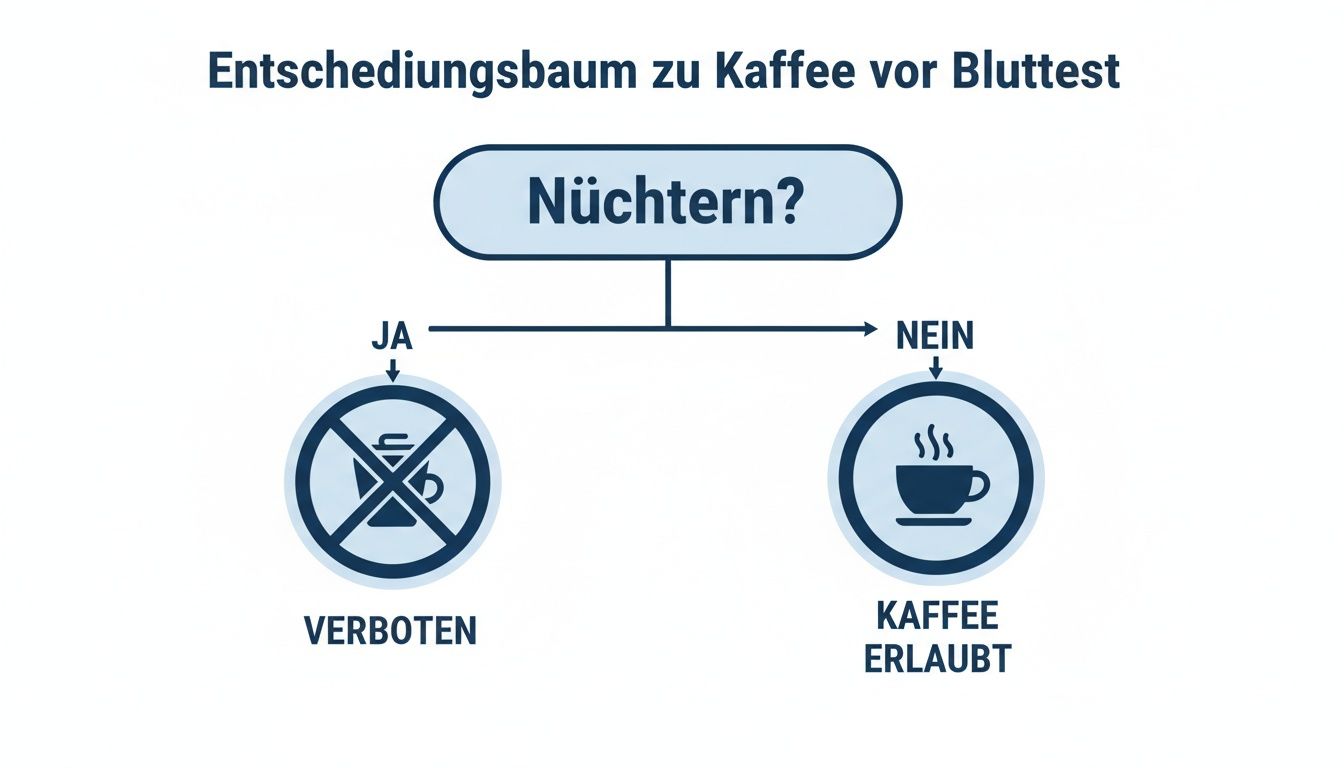 Entscheidungsbaum zur Frage, ob Kaffee vor einem Bluttest erlaubt ist. Wenn nüchtern: verboten. Wenn nicht nüchtern: Kaffee erlaubt.