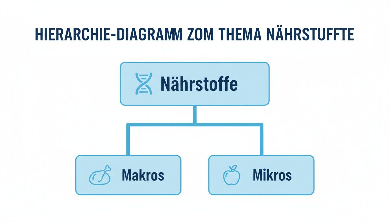 Hiërarchiediagram over voedingsstoffen, verdeeld in macro's (met kippenbout-symbool) en micro's (met appel-symbool).