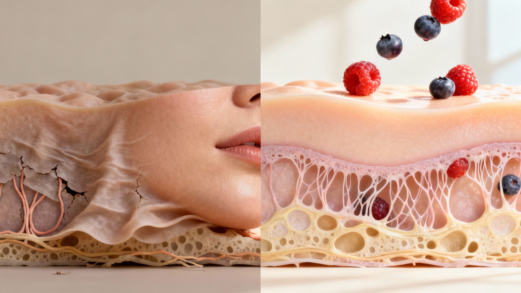 Gesunde Haut einer Frau, die antioxidatives Obst isst