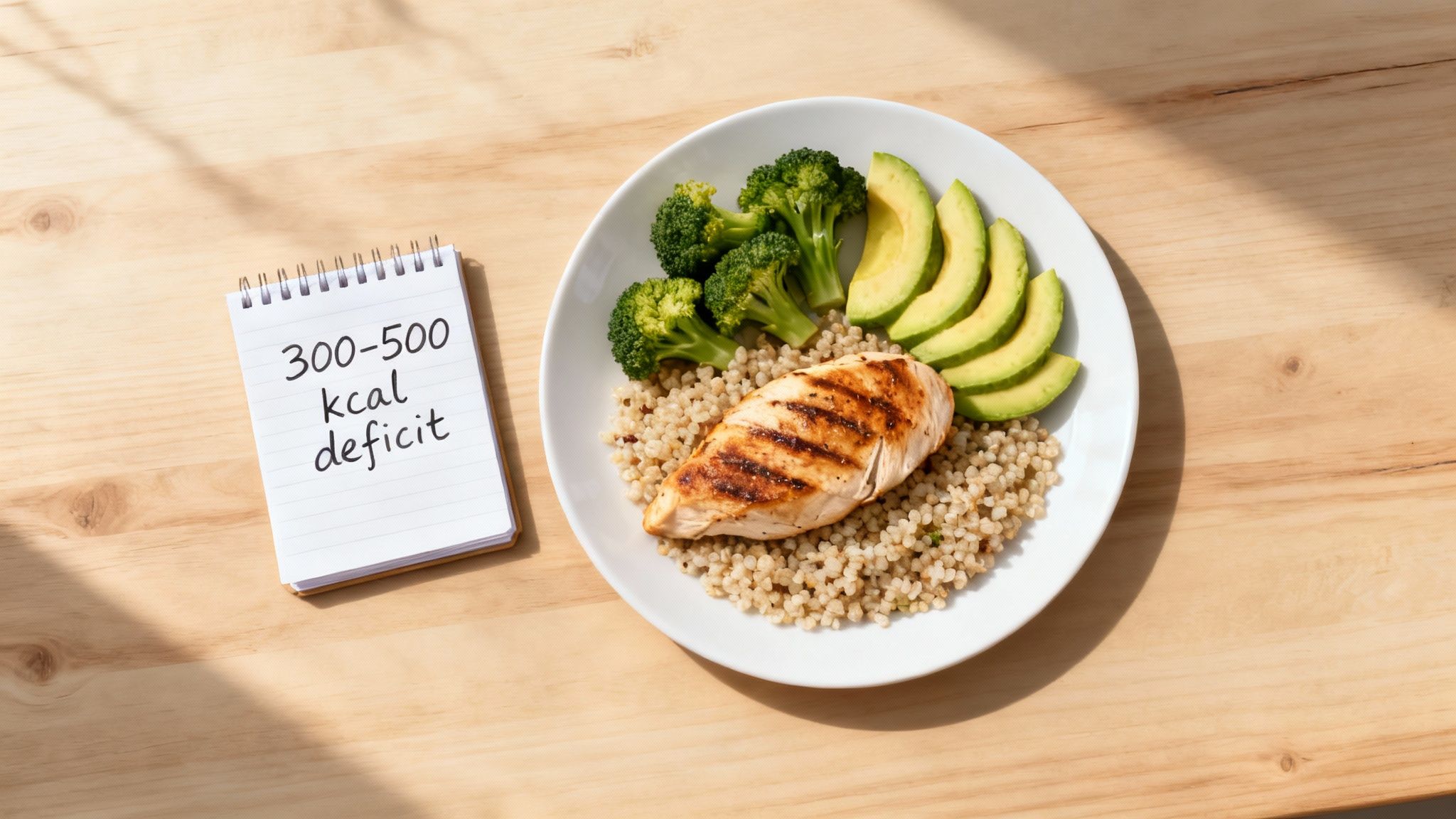 Gesunde Mahlzeit mit gegrilltem Hähnchen, Brokkoli, Avocado und Couscous, dazu Notizbuch mit '300-500 kcal Defizit'.