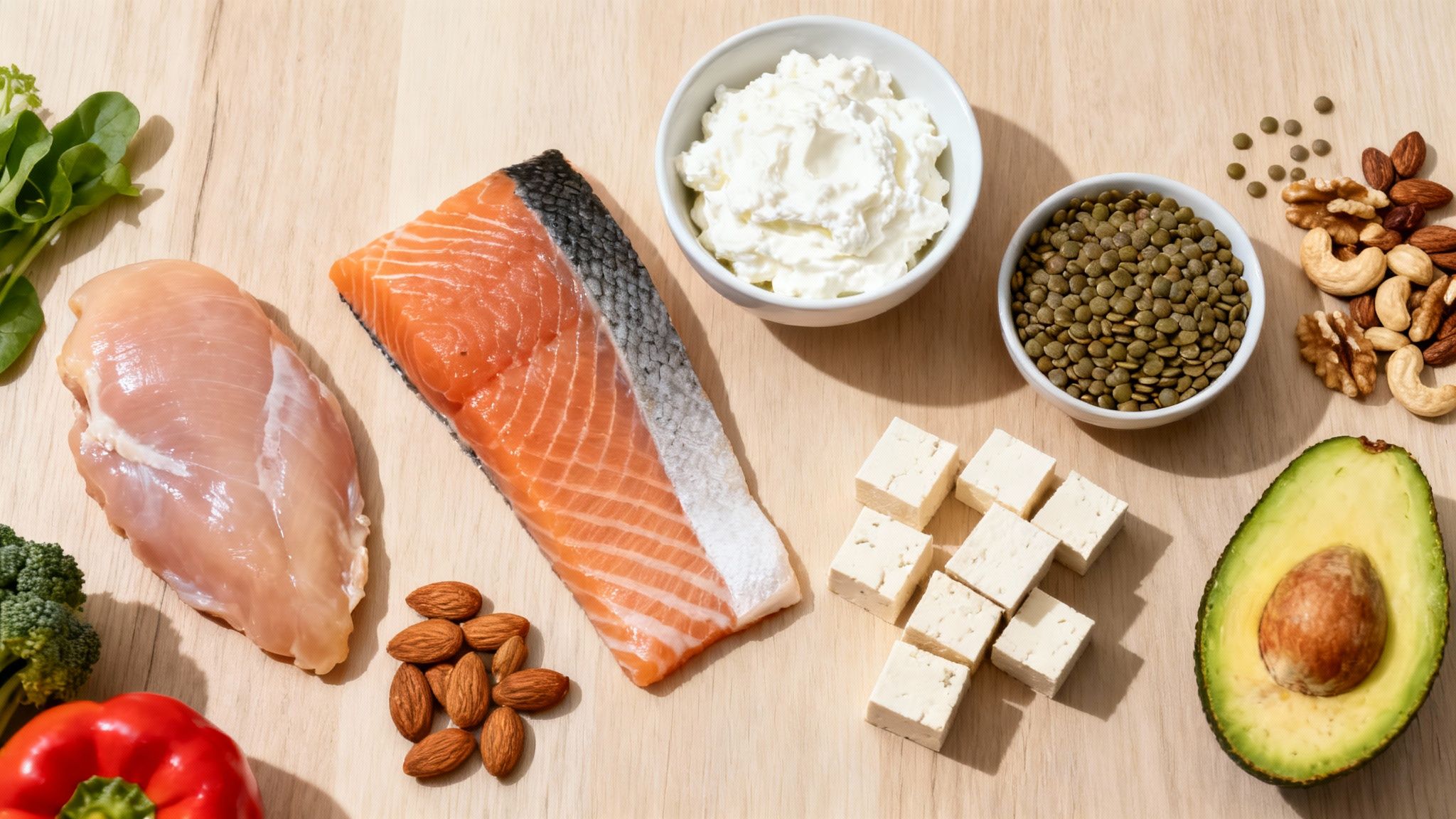 Eine Auswahl gesunder Lebensmittel wie mageres Fleisch, Fisch, Avocados und frisches Gemüse auf einem Tisch.