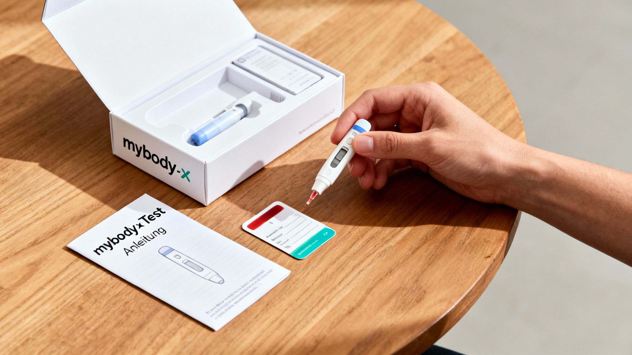Eine Person hält ein Blutentnahmegerät über einem Testkit, Anweisungen liegen auf einem Holztisch.