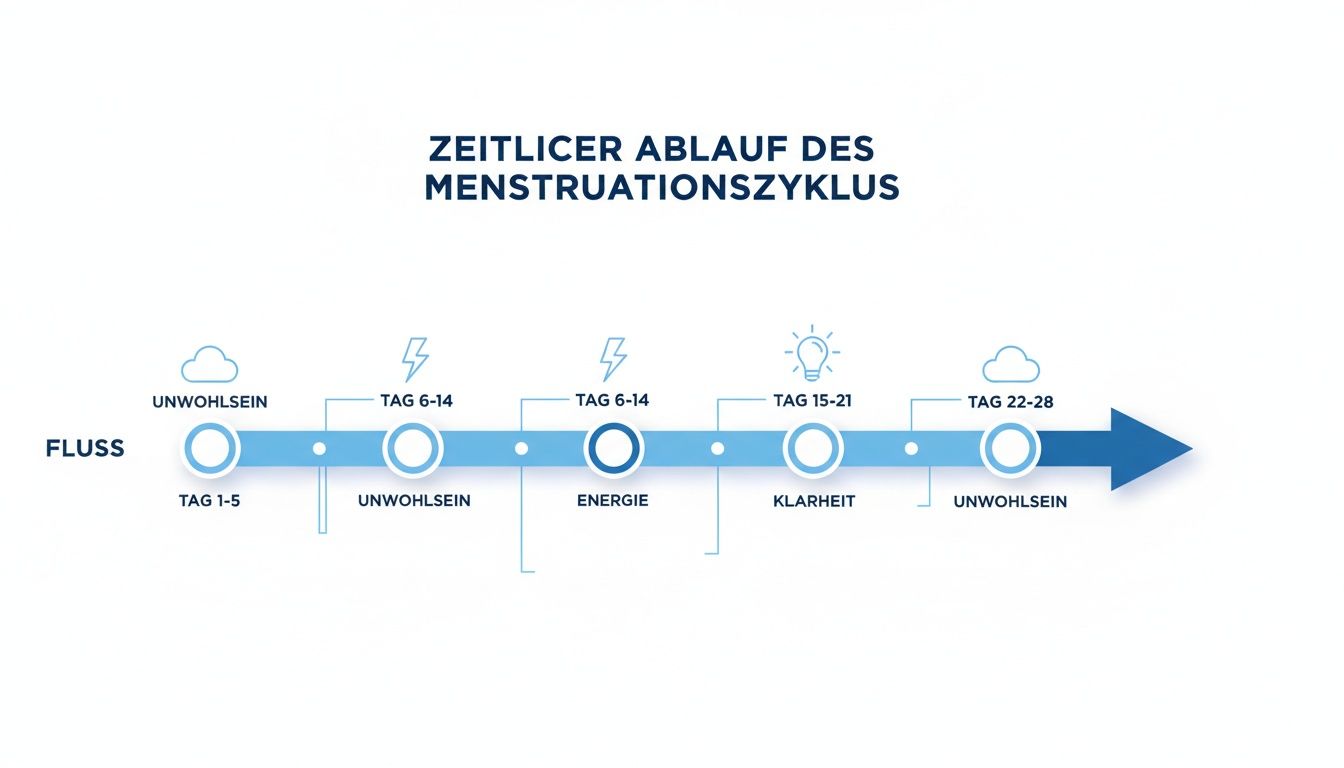 Ein zeitlicher Ablauf des Menstruationszyklus, der Phasen wie Fluss, Unwohlsein, Energie und Klarheit darstellt.