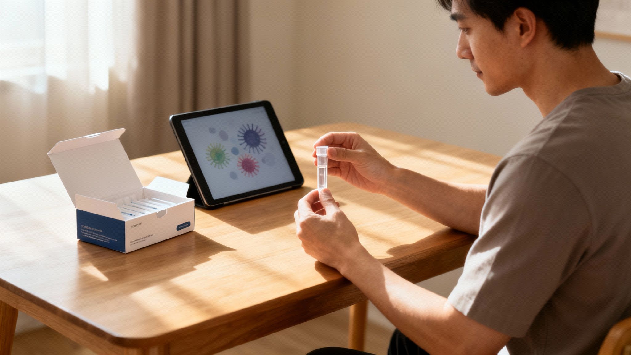 Mann führt zu Hause einen Mikrobiomtest durch, mit Tablet als Anleitung und Testkit auf dem Tisch.