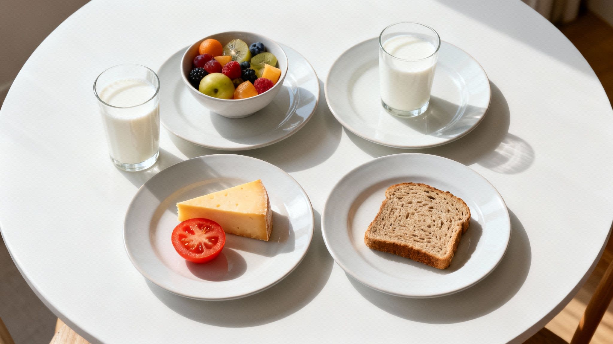 Ein Frühstückstisch mit Milchgläsern, Obstsalat, Käse, Tomate und Vollkornbrot im Sonnenlicht.