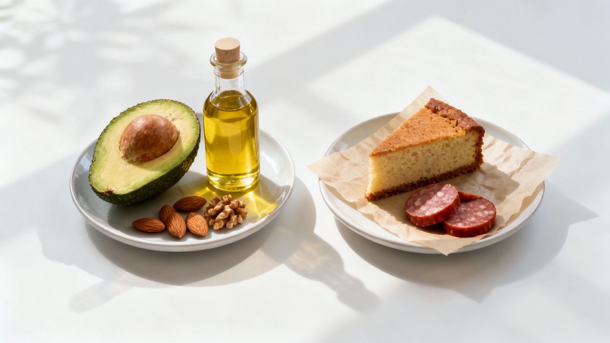 Verschiedene Lebensmittel zur Ernährung: Avocado, Nüsse, Öl, Käsekuchen und Salami auf weißen Tellern.