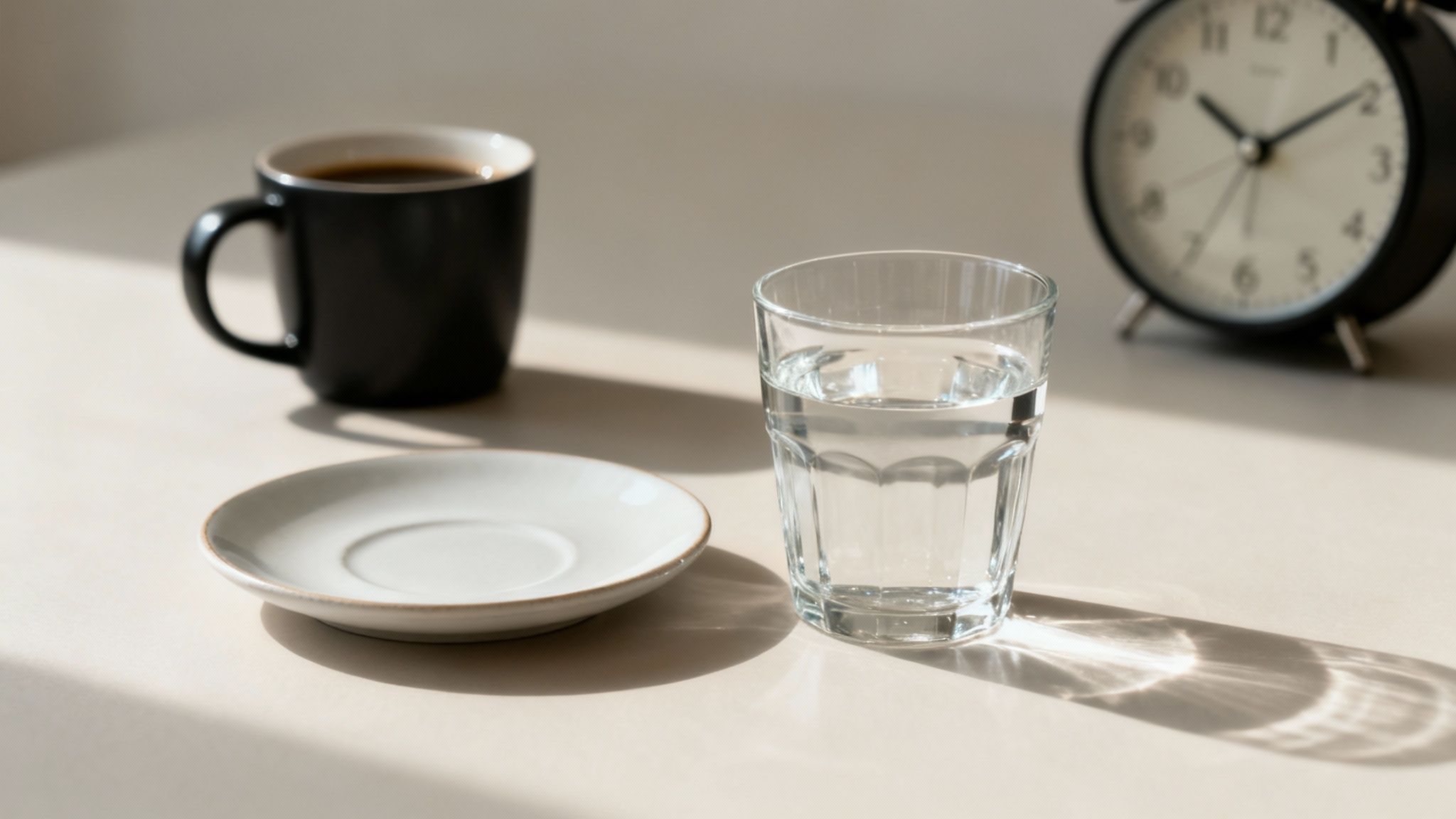 Schwarzer Kaffeebecher, Wasserglas und Wecker auf einem hellen Tisch mit Sonnenlicht und Schatten.