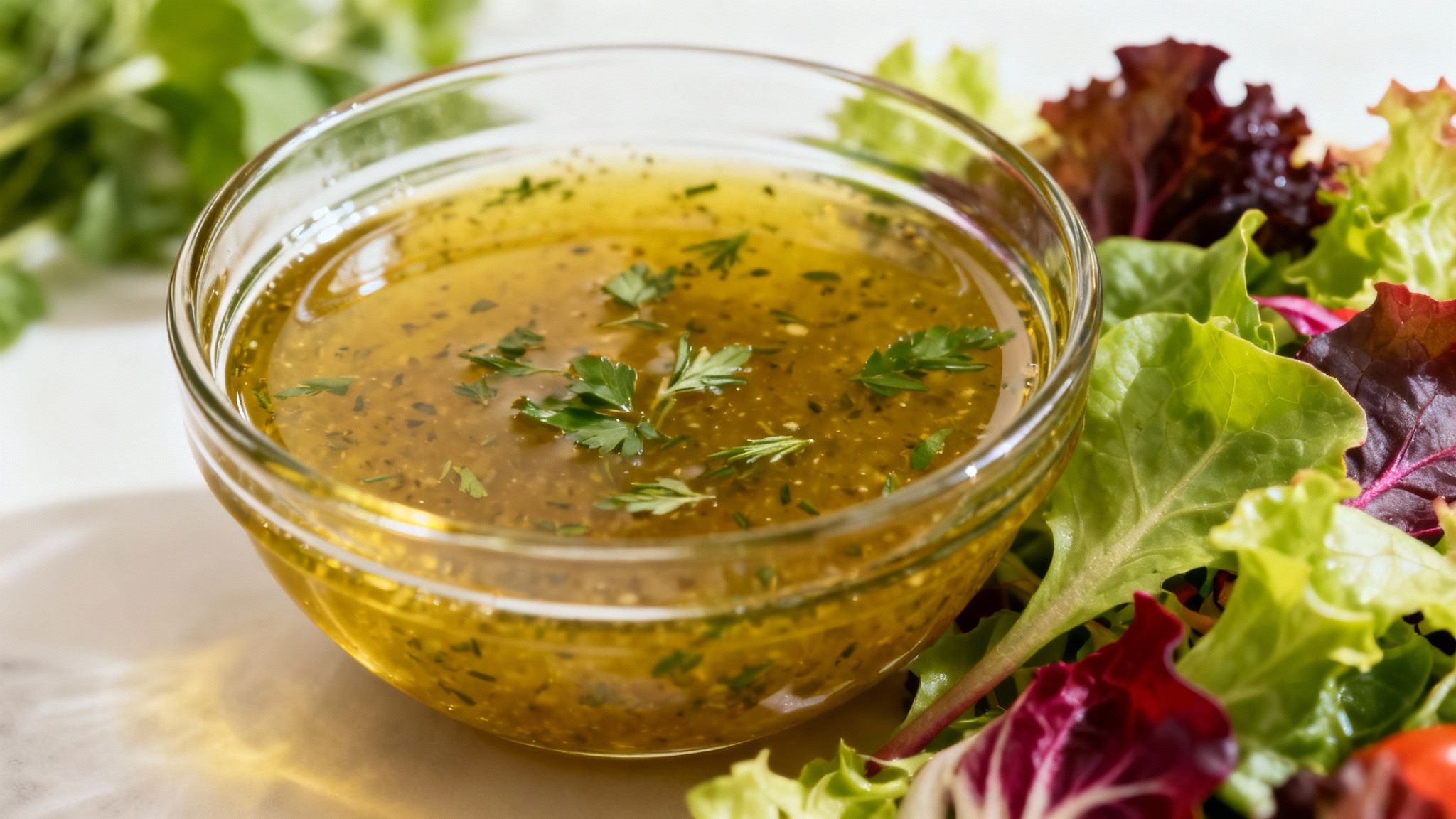 Eine Frau bereitet ein gesundes Salatdressing mit Apfelessig in ihrer Küche zu.
