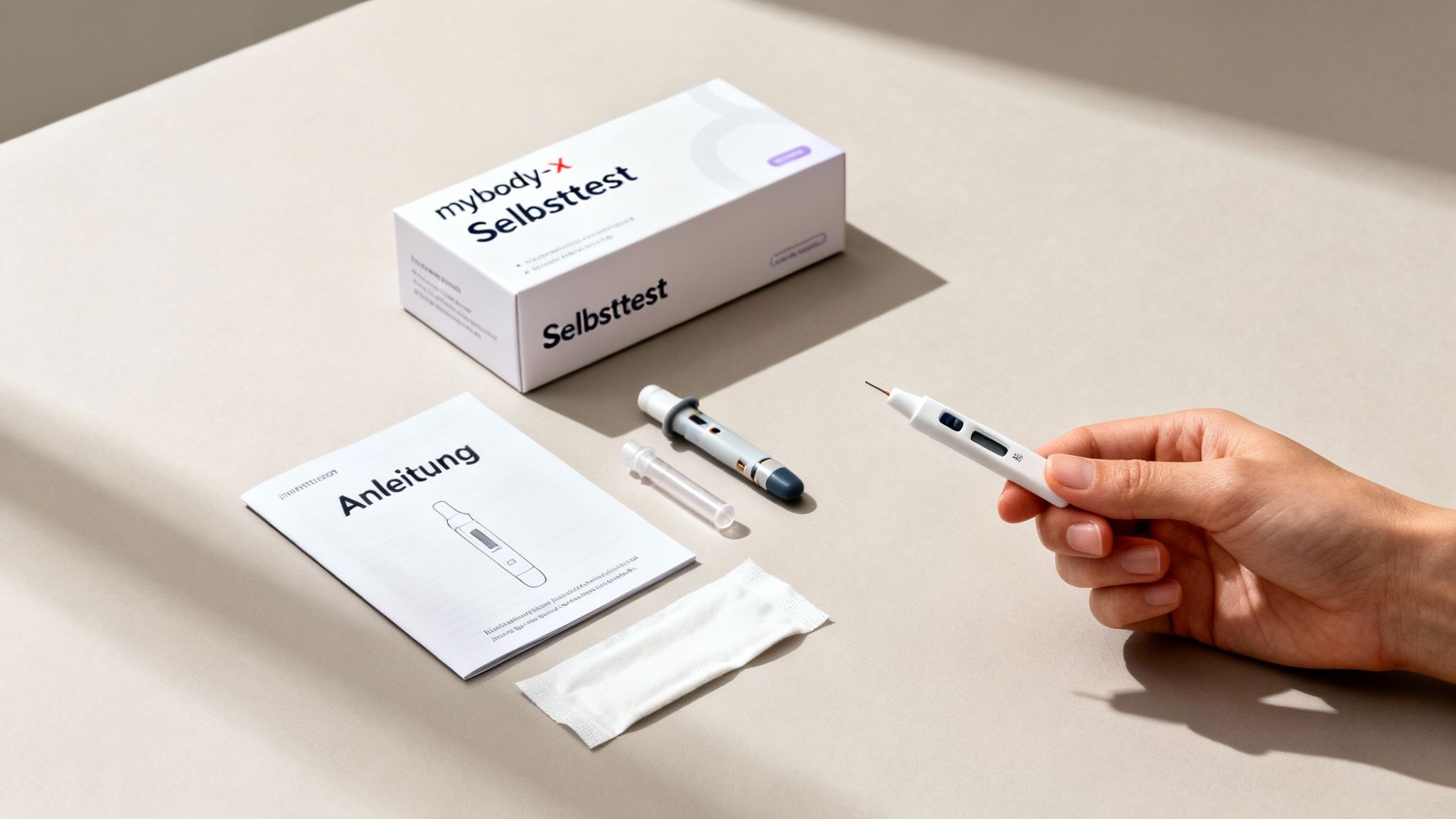 mybody-X Selbsttest Kit mit Anleitung, Lanzette und Probenröhrchen. Eine Hand hält ein Stechgerät bereit.
