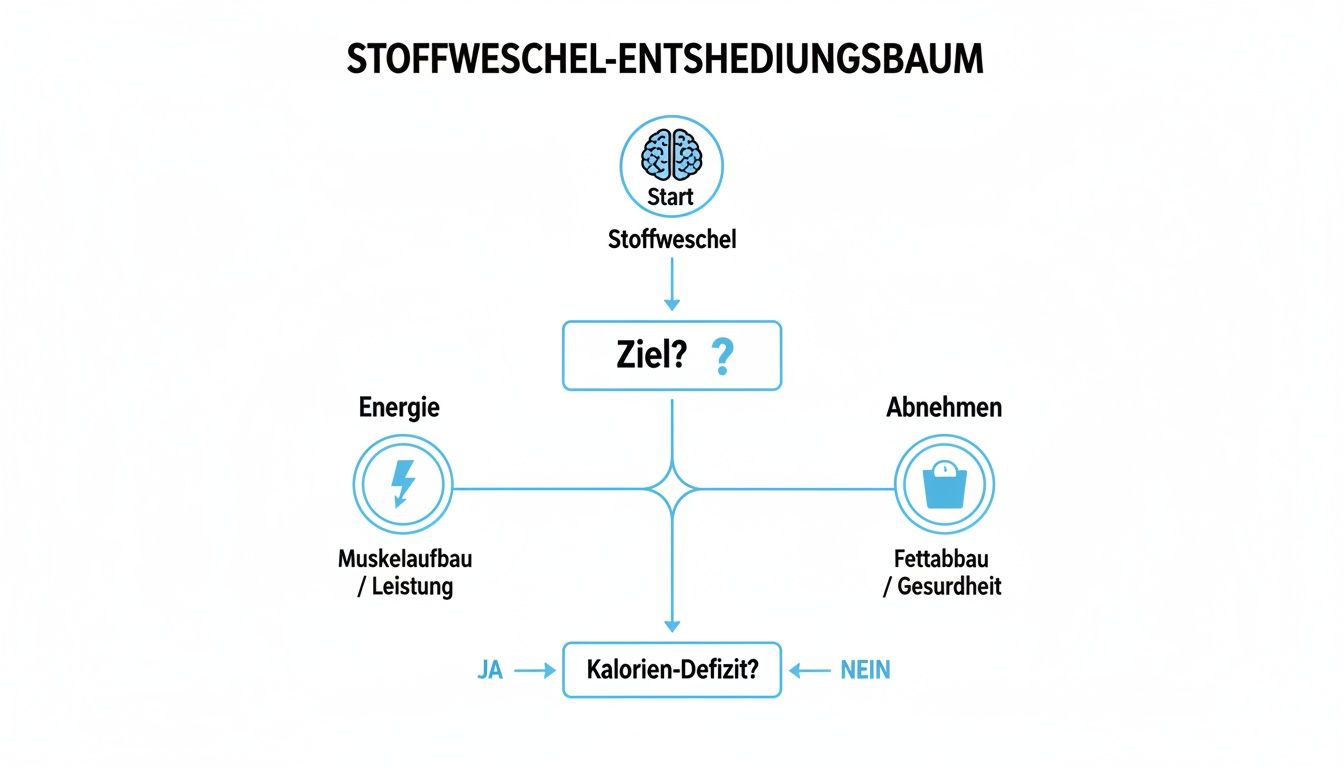 Stoffwechsel-Entscheidungsbaum zeigt Wege zu Energie (Muskelaufbau) oder Abnehmen (Fettabbau) basierend auf Kalorien-Defizit-Frage.