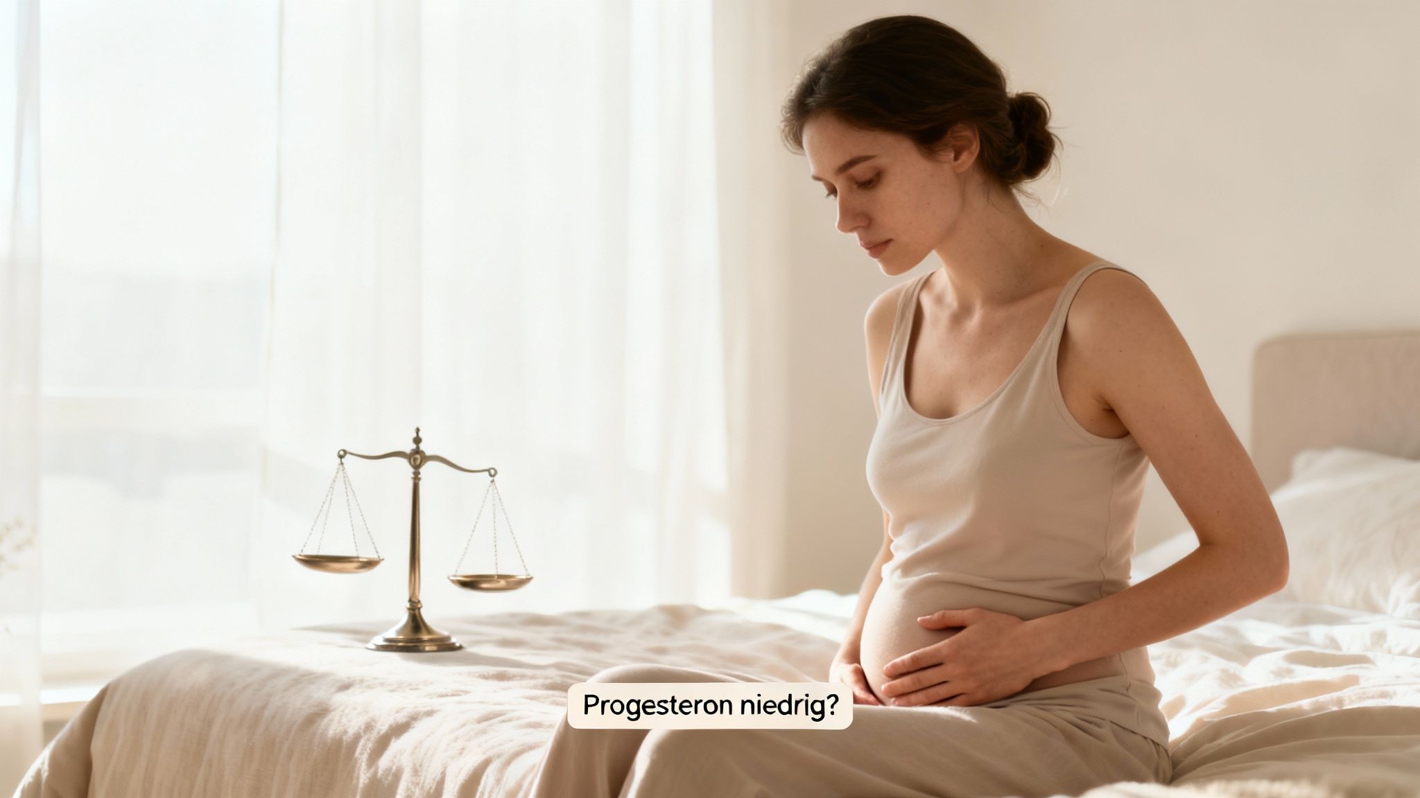 Eine schwangere Frau sitzt auf einem Bett, blickt auf ihren Bauch, mit einer Waage daneben und dem Text 'Progesteron niedrig?'.