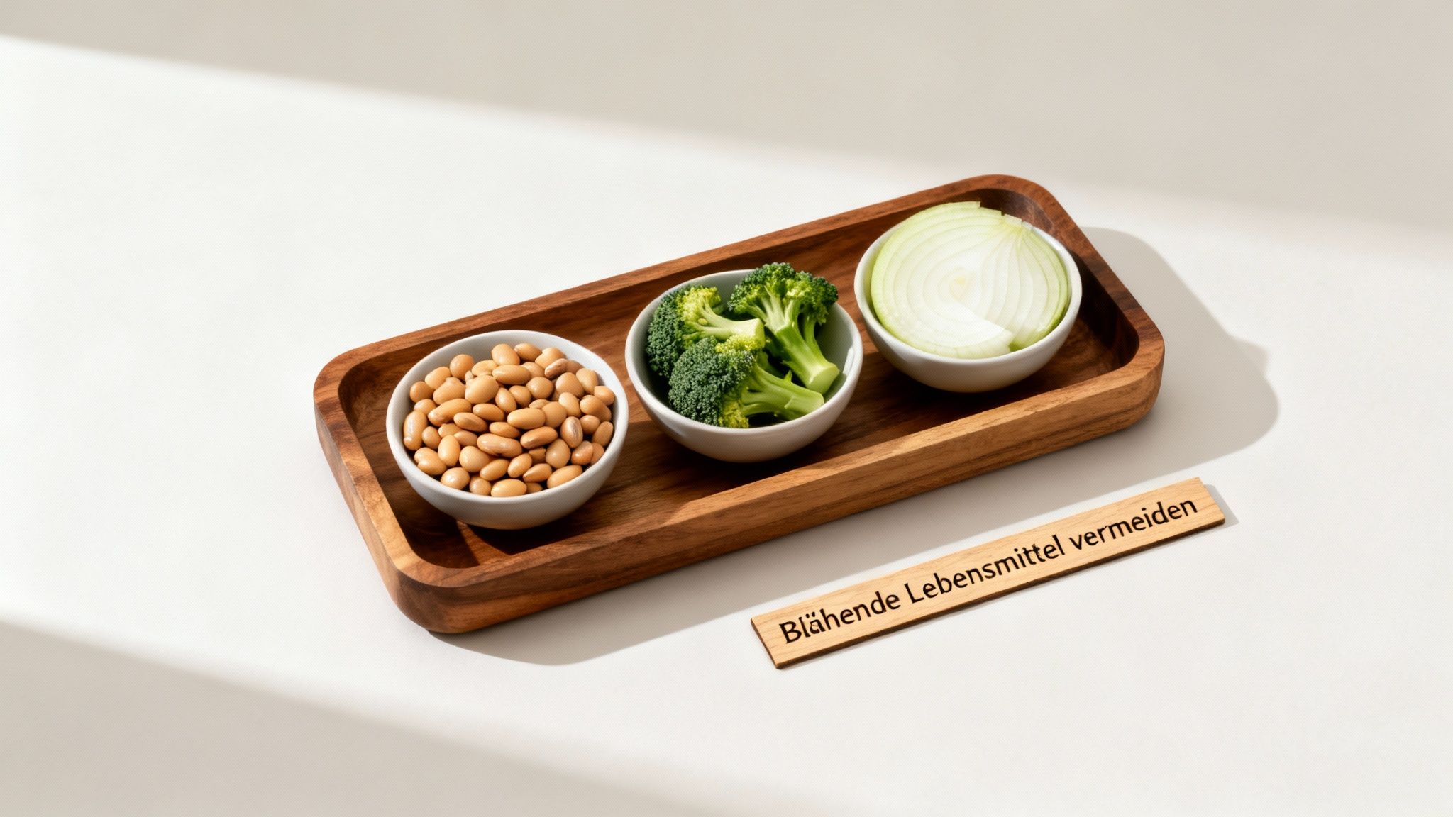 Eine Holzschale mit Bohnen, Brokkoli und Zwiebeln, dazu ein Schild: 'Blähende Lebensmittel vermeiden'.