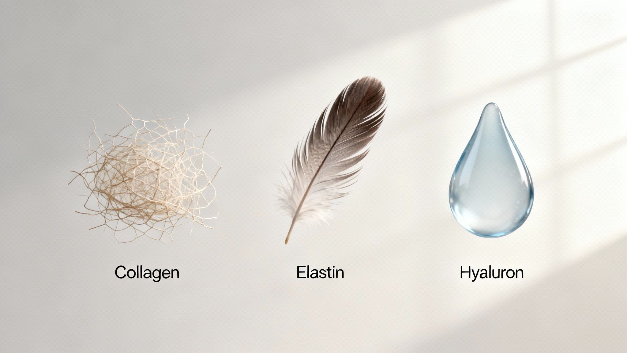 Nahaufnahme von Hauttextur, die die Bedeutung von Kollagen, Elastin und Hyaluronsäure visuell darstellt.