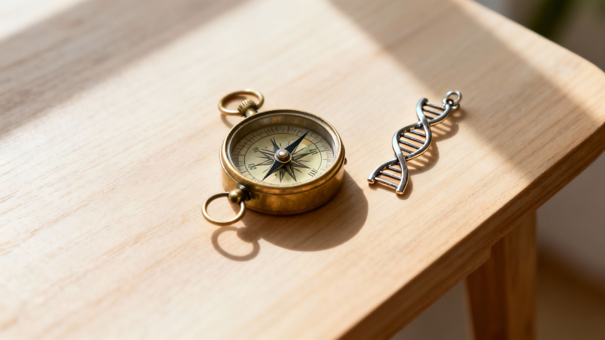 Ein goldener Kompass und ein DNA-Helix-Charm liegen auf einer hellen Holzoberfläche im Sonnenlicht.