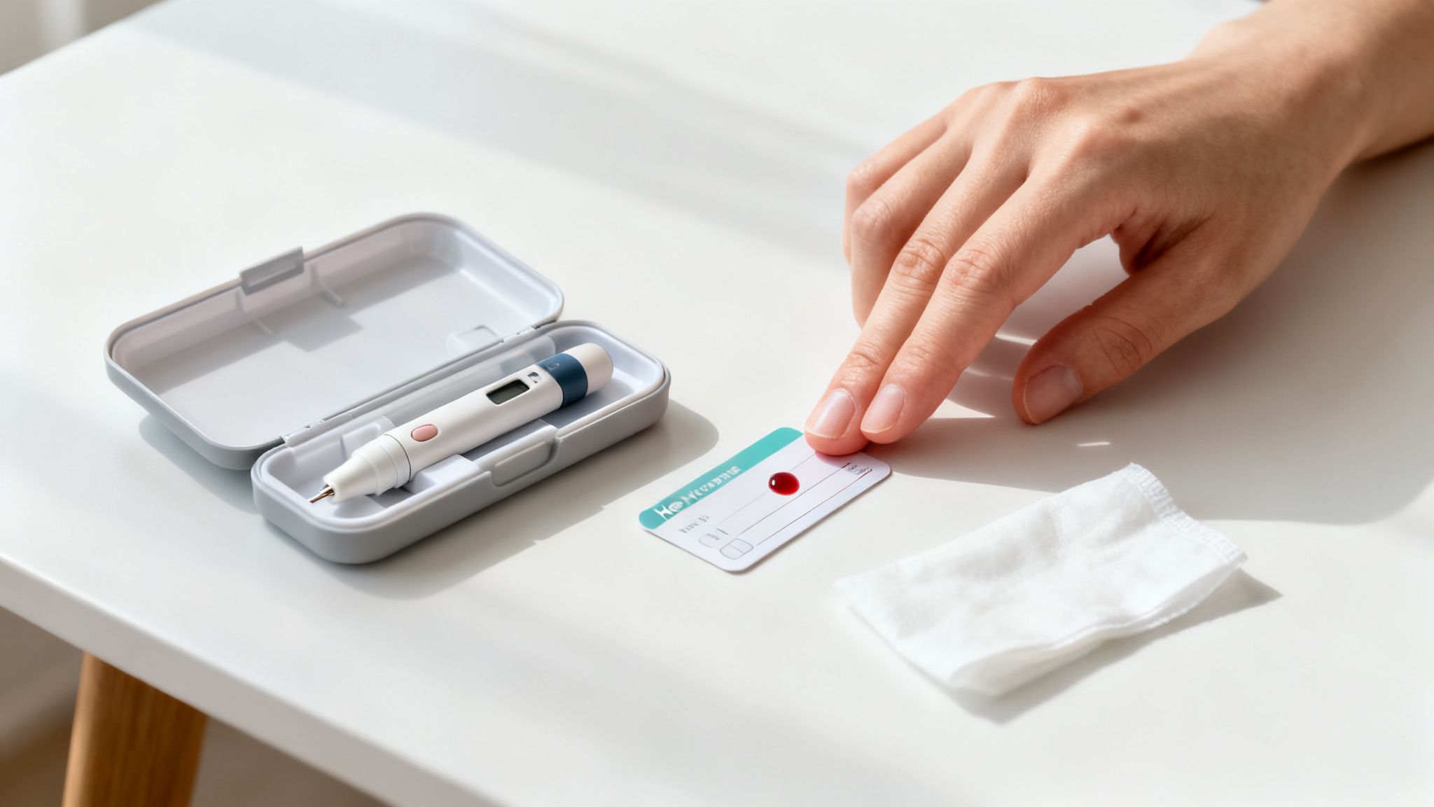Une main prélève un échantillon de sang avec un dispositif à lancette et une bandelette de test sur une table blanche pour un bilan hormonal.
