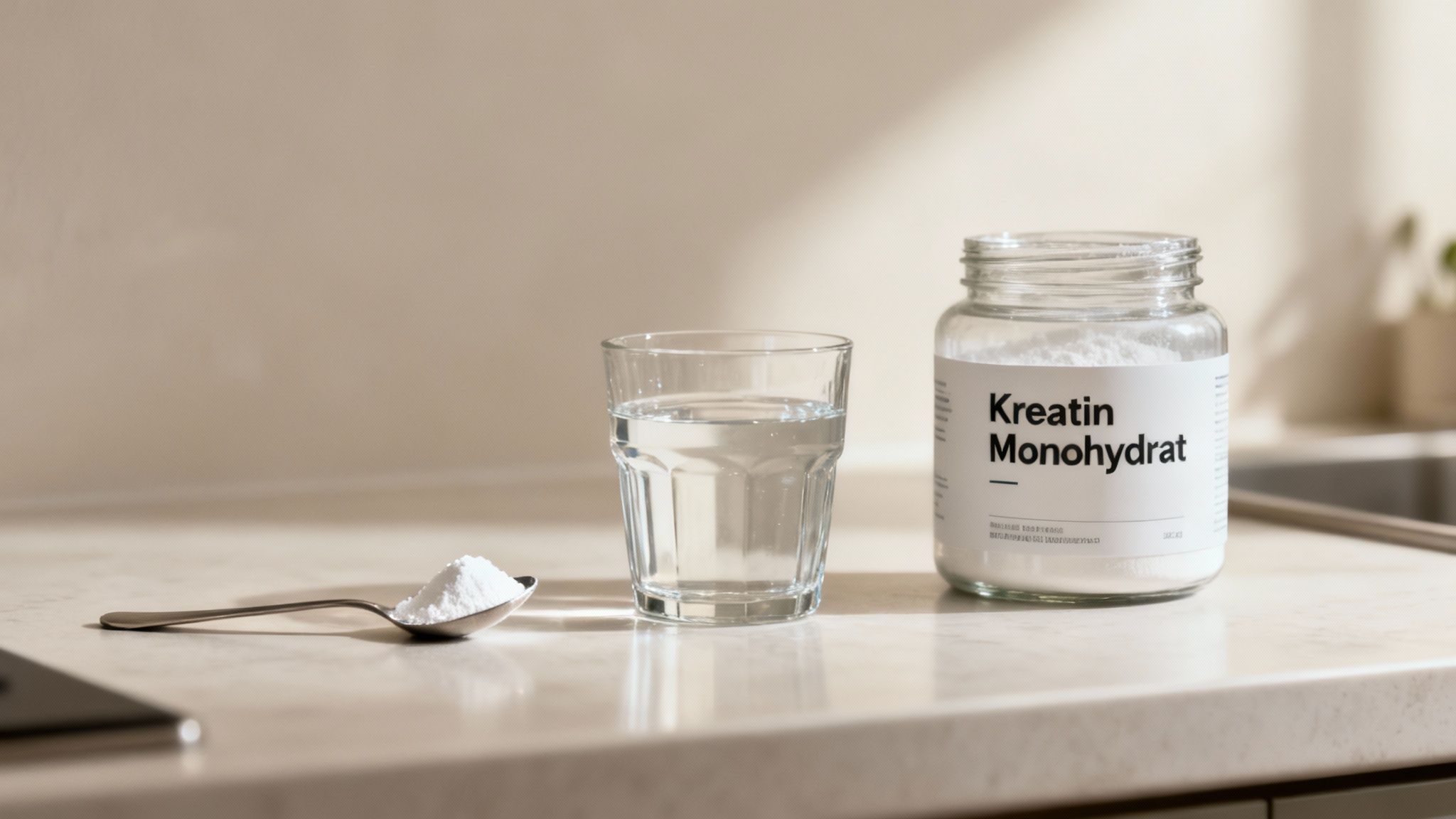 Eine Person mischt Kreatinpulver in einem Shaker, um es nach dem Training zu trinken.