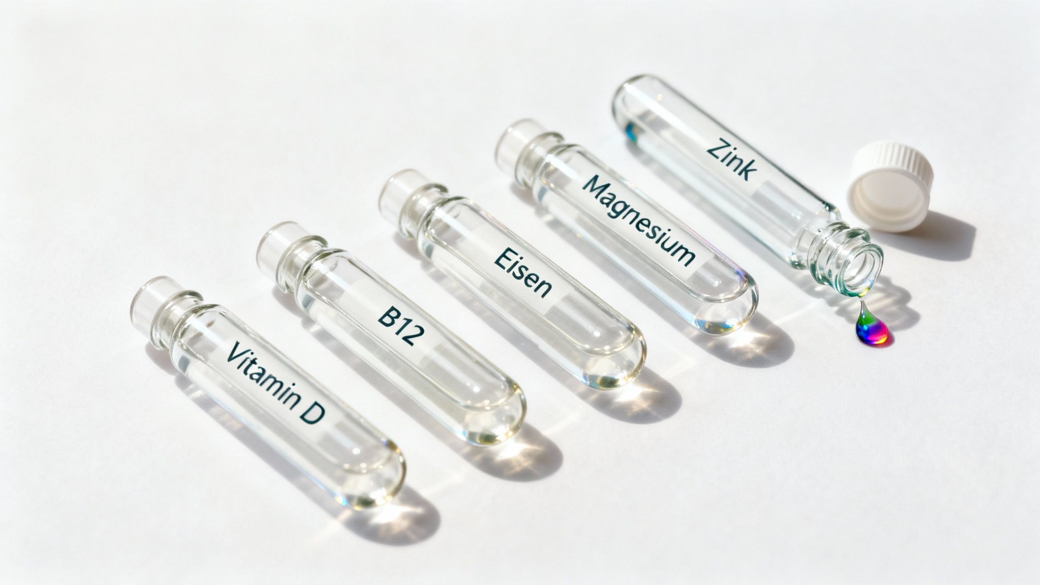 Glasröhrchen mit Beschriftungen für Vitamin D, B12, Eisen, Magnesium und Zink auf weißem Hintergrund