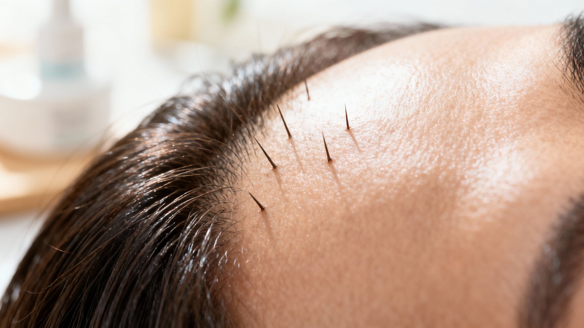 Nahaufnahme einer Kopfhaut mit kurzen, dunklen Spikes, die aus der Haut ragen, im Kontext von Haarausfallbehandlung.