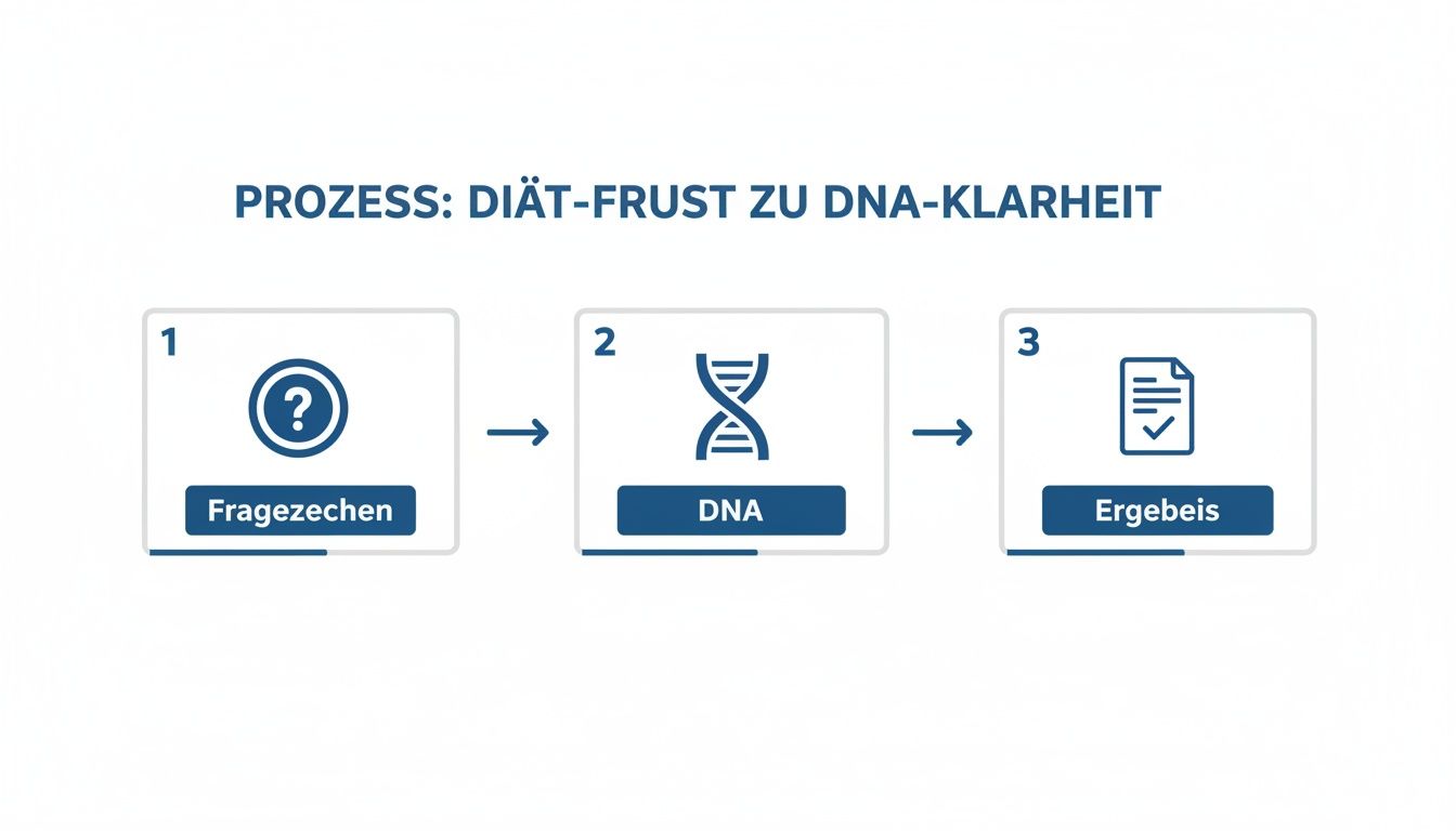 A flowchart shows the process from diet frustration (question mark) through DNA analysis to clear results.