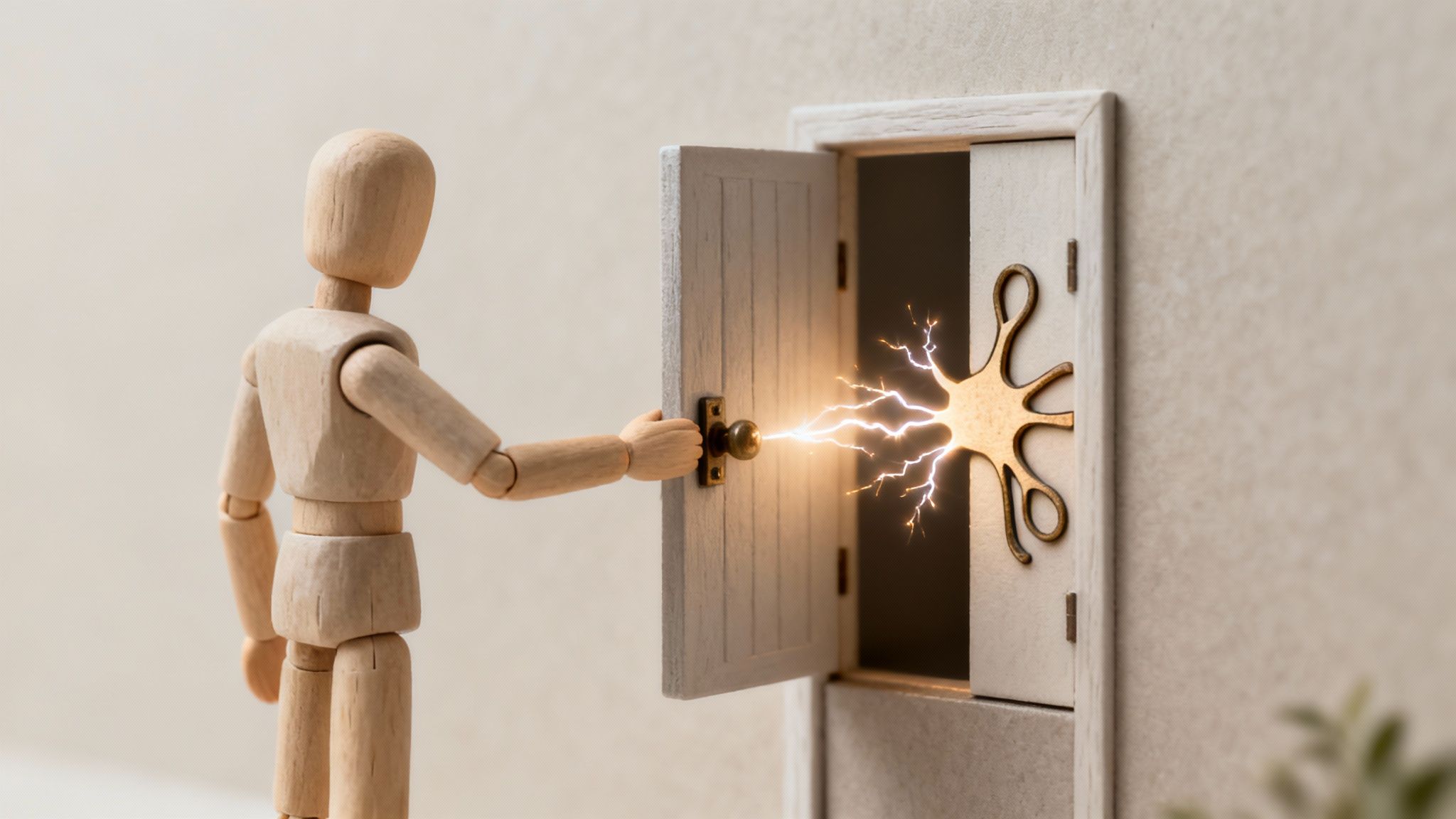Una bambola di legno apre una porta da cui un fulmine si sprigiona in direzione di una cellula nervosa, simbolo della funzione cerebrale.