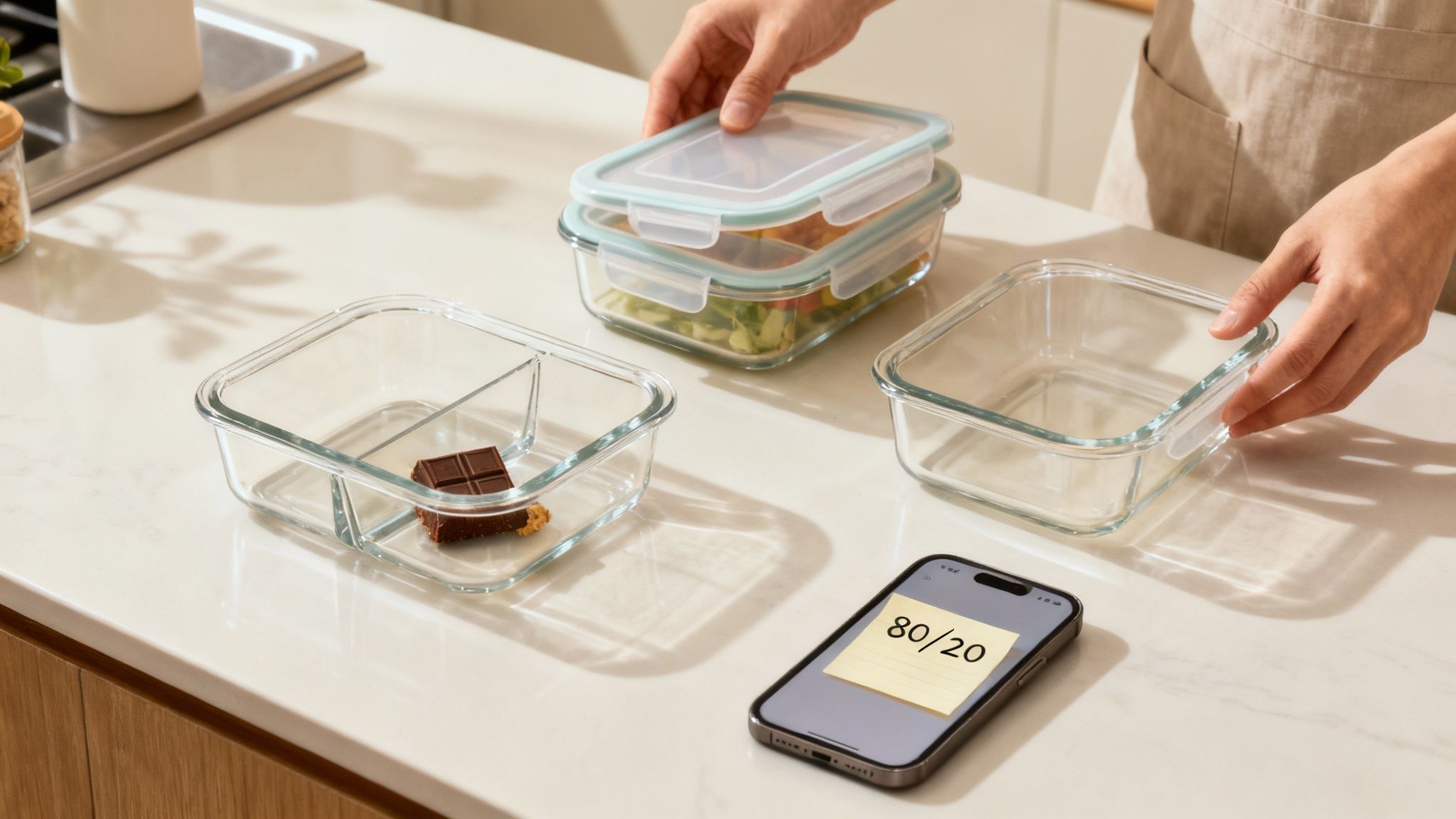 Eine Person bereitet gesunde Mahlzeiten in Aufbewahrungsboxen für die kommende Woche vor.