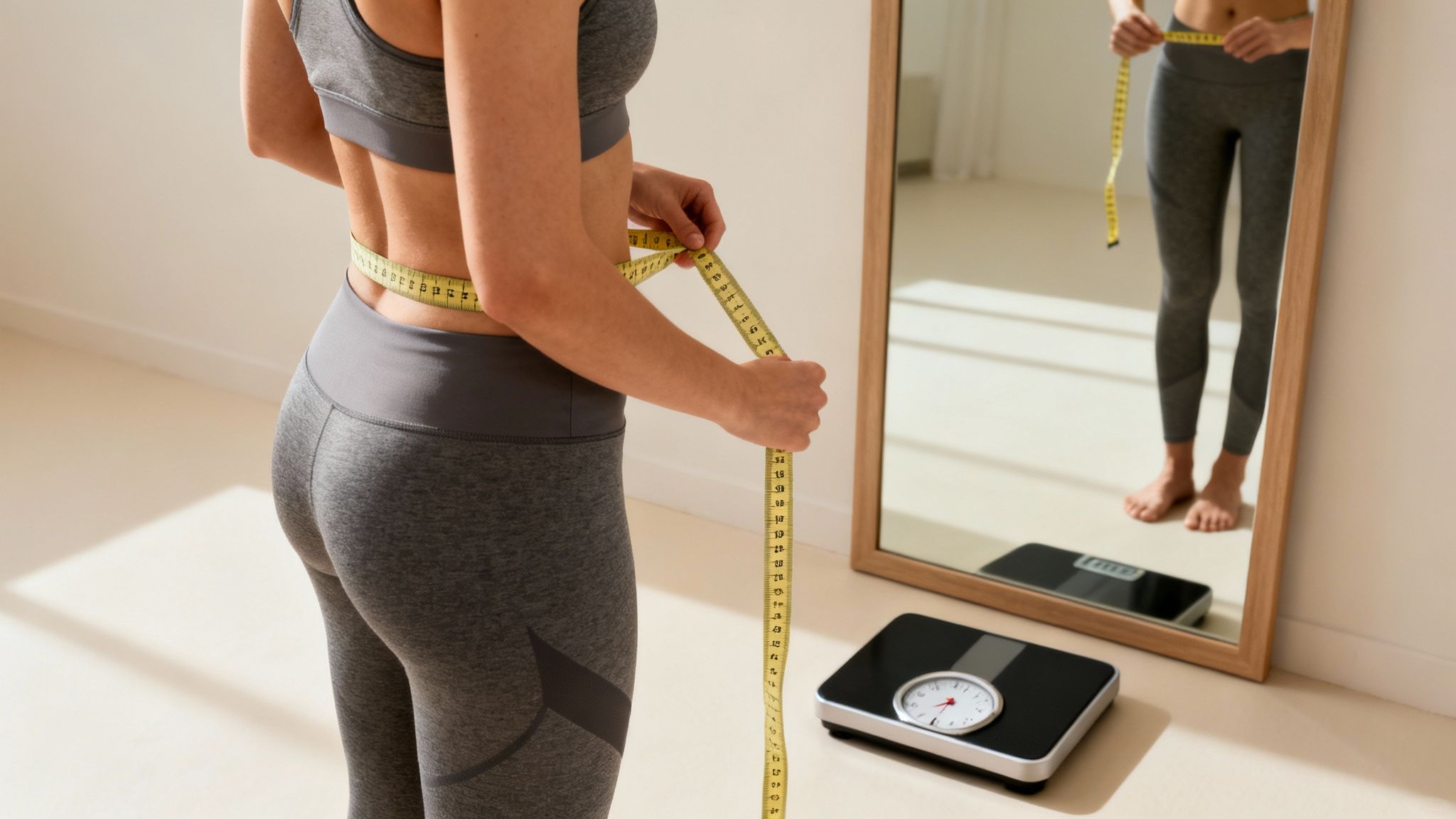 Eine Frau misst ihren Taillenumfang mit einem Maßband, um ihren Fortschritt jenseits der Waage zu verfolgen.