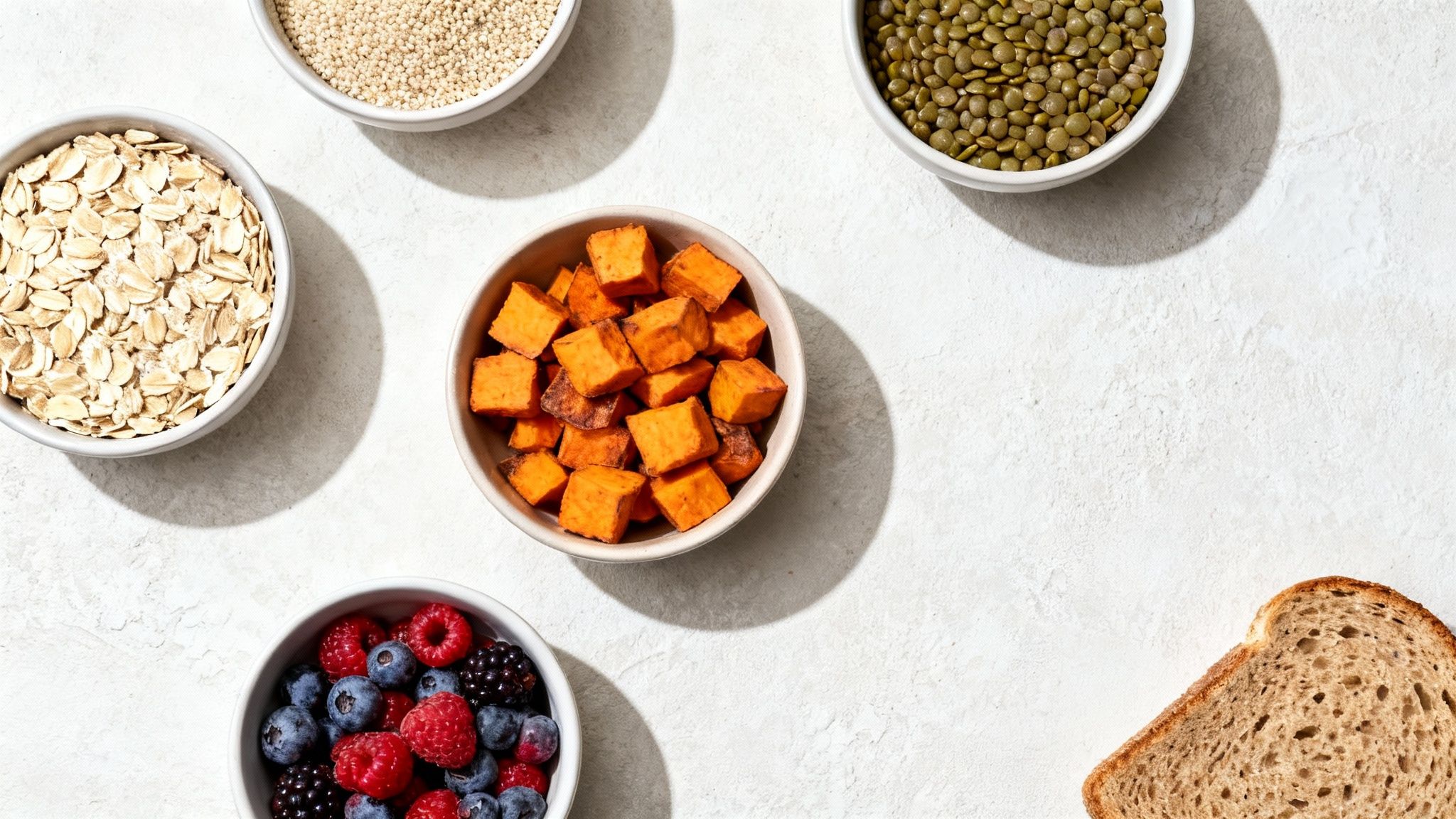 Verschiedene gesunde Kohlenhydrate wie Vollkornbrot, Hülsenfrüchte und Gemüse auf einem Tisch.