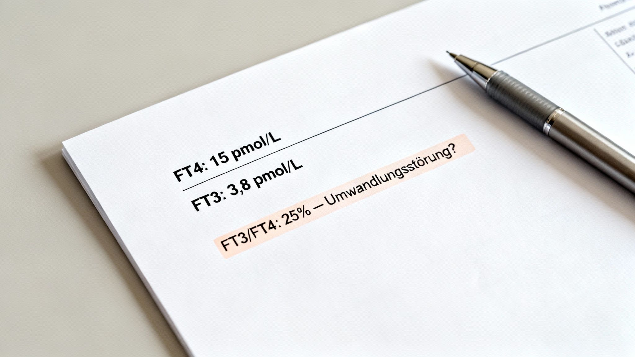 Nahaufnahme eines Dokuments zeigt Schilddrüsenhormonwerte FT4, FT3 und das FT3/FT4-Verhältnis mit Frage zur Umwandlungsstörung.