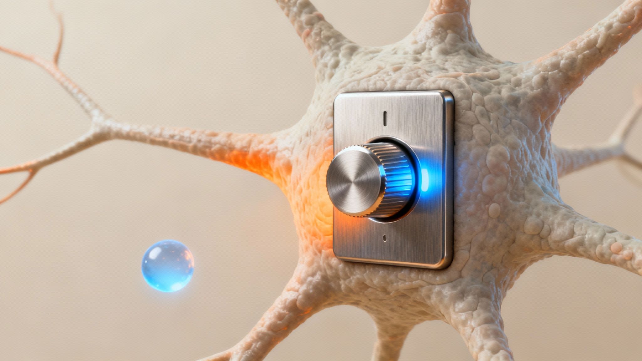 Una cellula nervosa con un comando rotativo integrato che si illumina e rappresenta il controllo delle vie nervose.