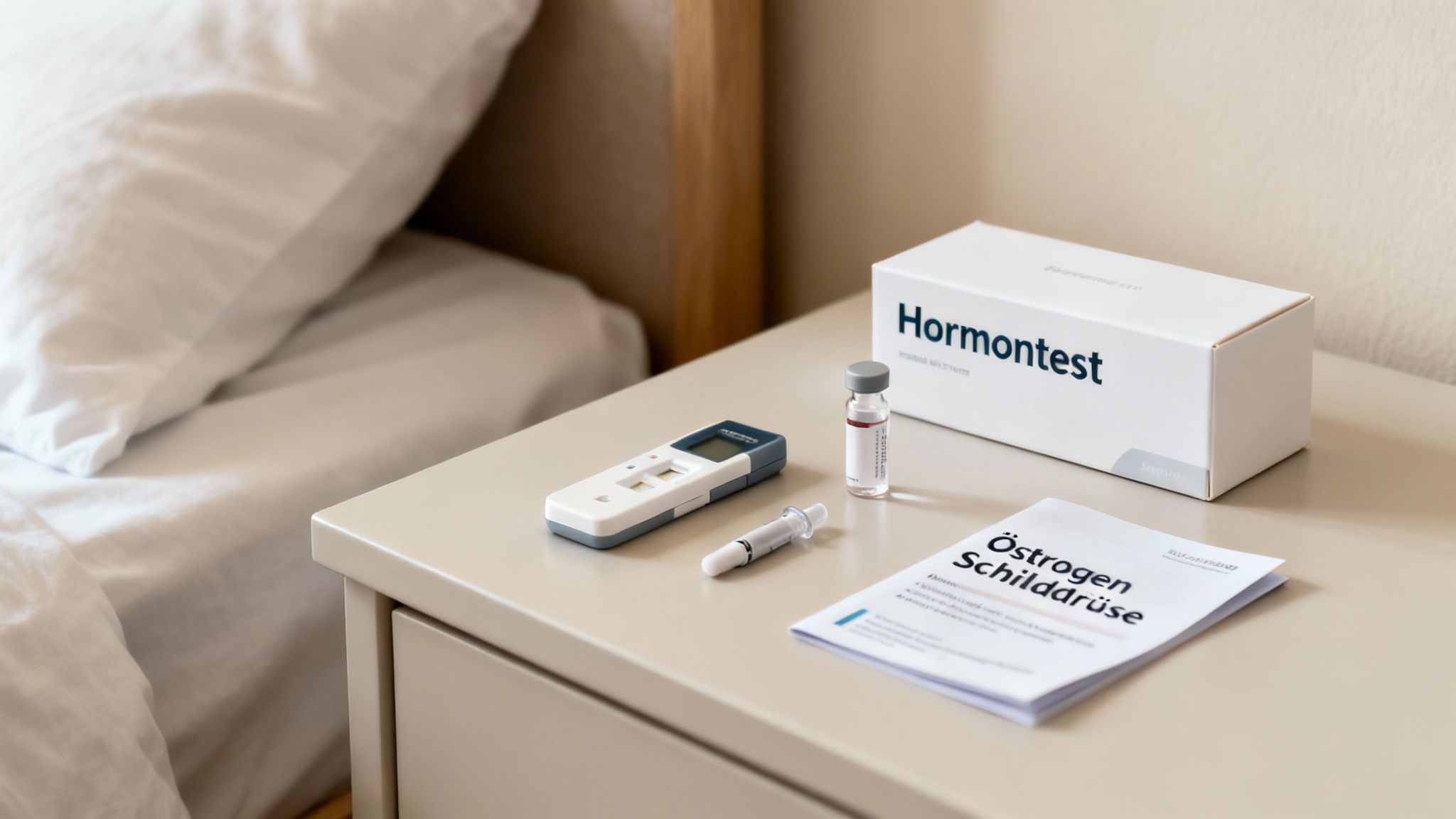 Kit de teste hormonal em uma mesa de cabeceira com uma cama ao fundo, incluindo caixa, aparelho e manual.