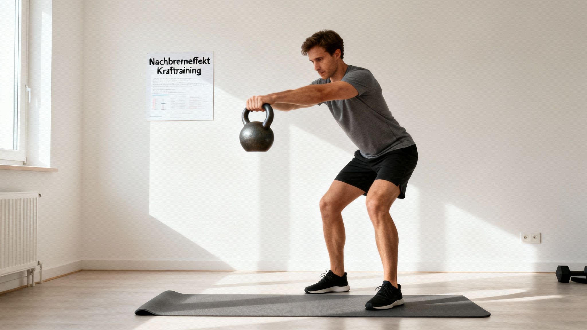 Ein Mann führt Kettlebell-Kniebeugen auf einer Fitnessmatte in einem hellen Raum durch.