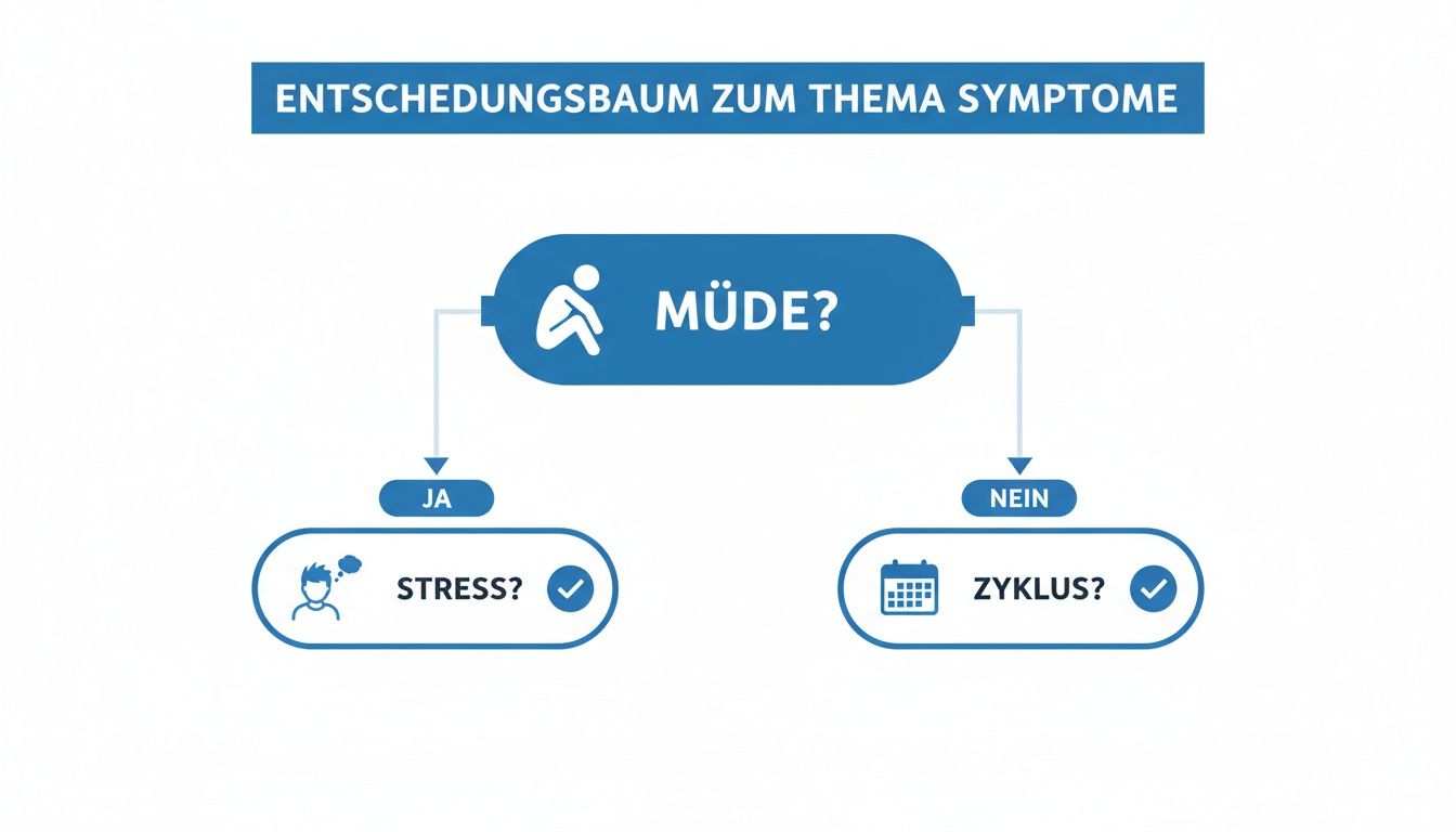 Entscheidungsbaum zur Analyse von Symptomen, beginnend mit der Frage nach Müdigkeit, gefolgt von Stress oder Zyklus.