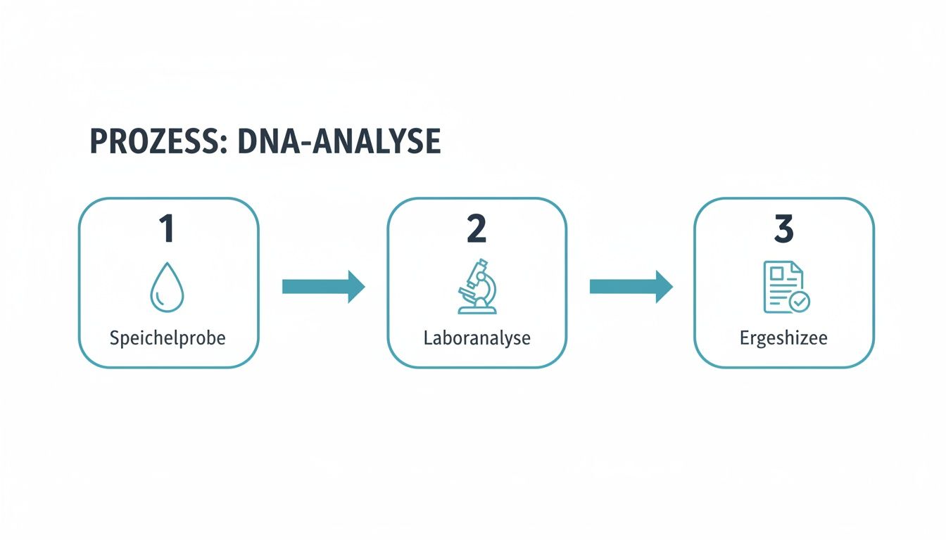 Das Bild zeigt den dreistufigen Prozess einer DNA-Analyse: Speichelprobe, Laboranalyse und Ergebnisse.