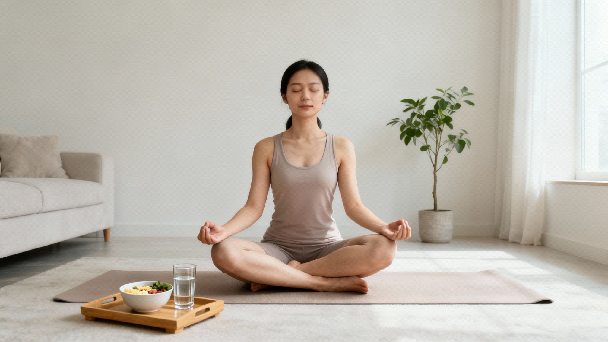 A young woman meditates calmly in the living room on a yoga mat, next to a healthy meal.