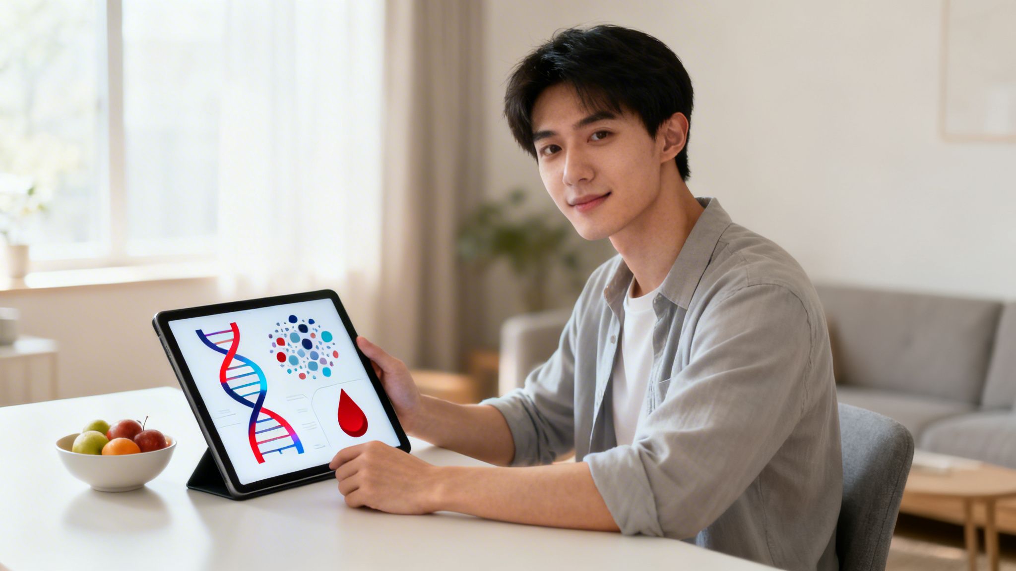 Młody mężczyzna trzyma tablet z grafikami analizy DNA i krwi i uśmiecha się do kamery.