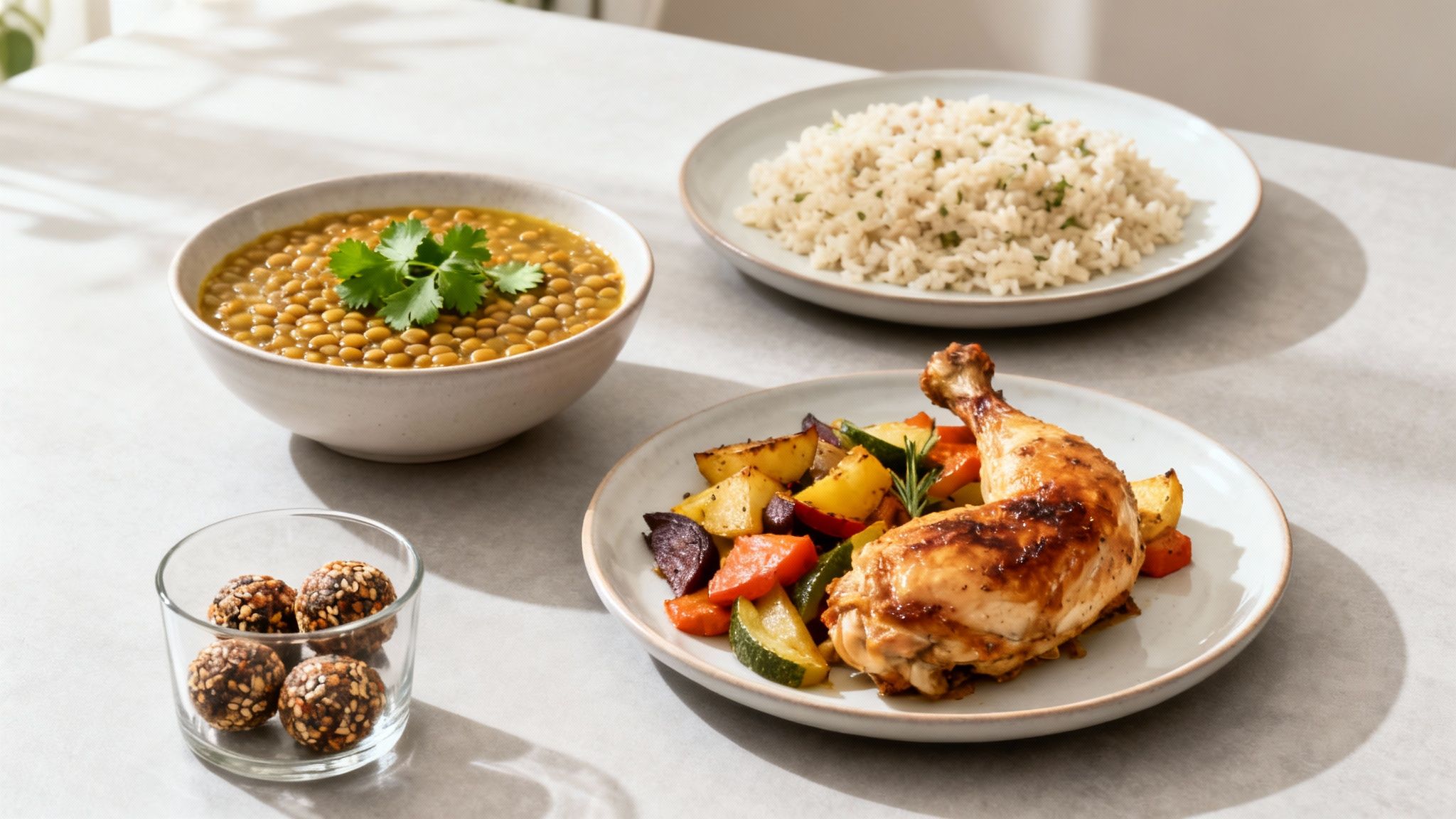 Eine Auswahl an Meal Prep Gerichten in Behältern