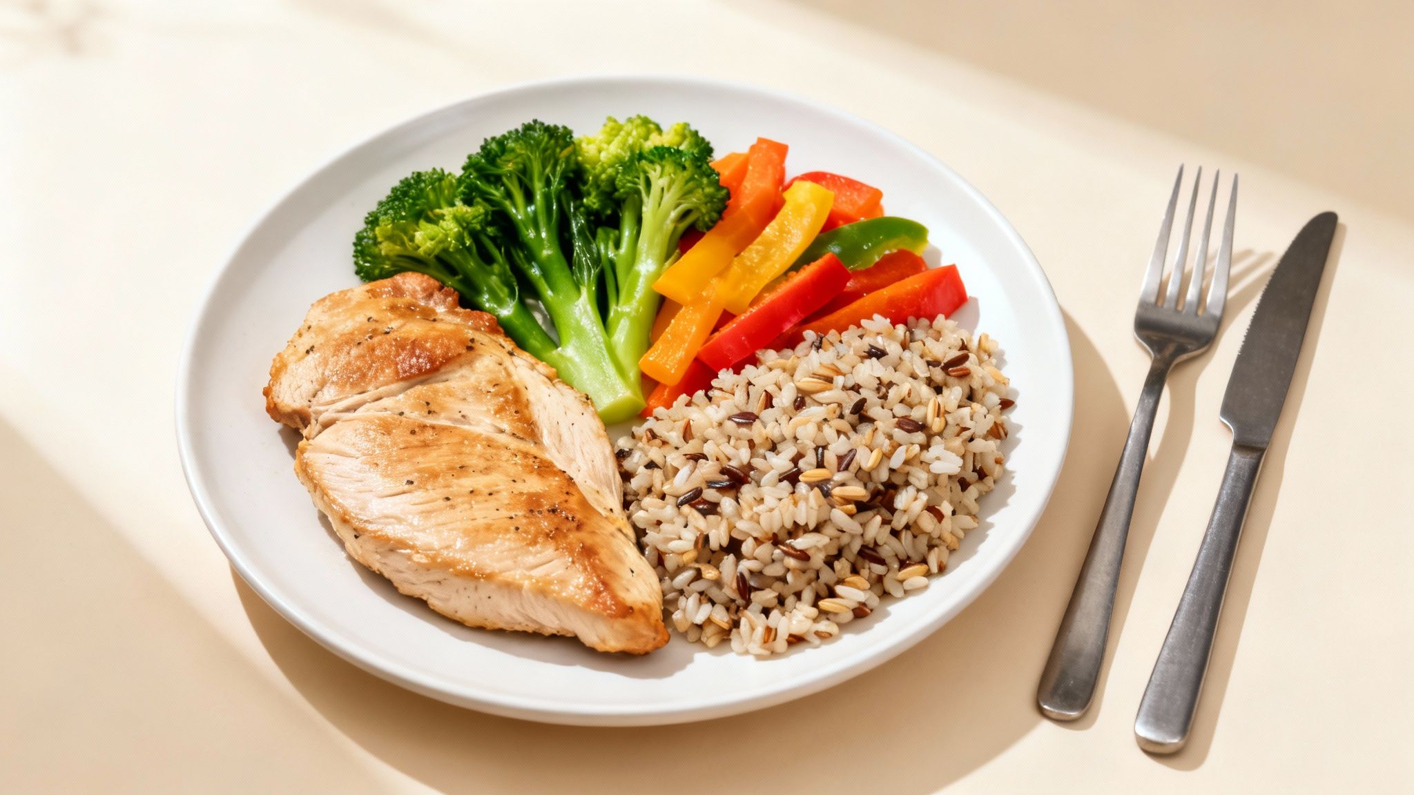 Teller mit gegrilltem Hähnchenbrustfilet, Brokkoli, bunter Paprika und Wildreismischung für eine gesunde Mahlzeit.