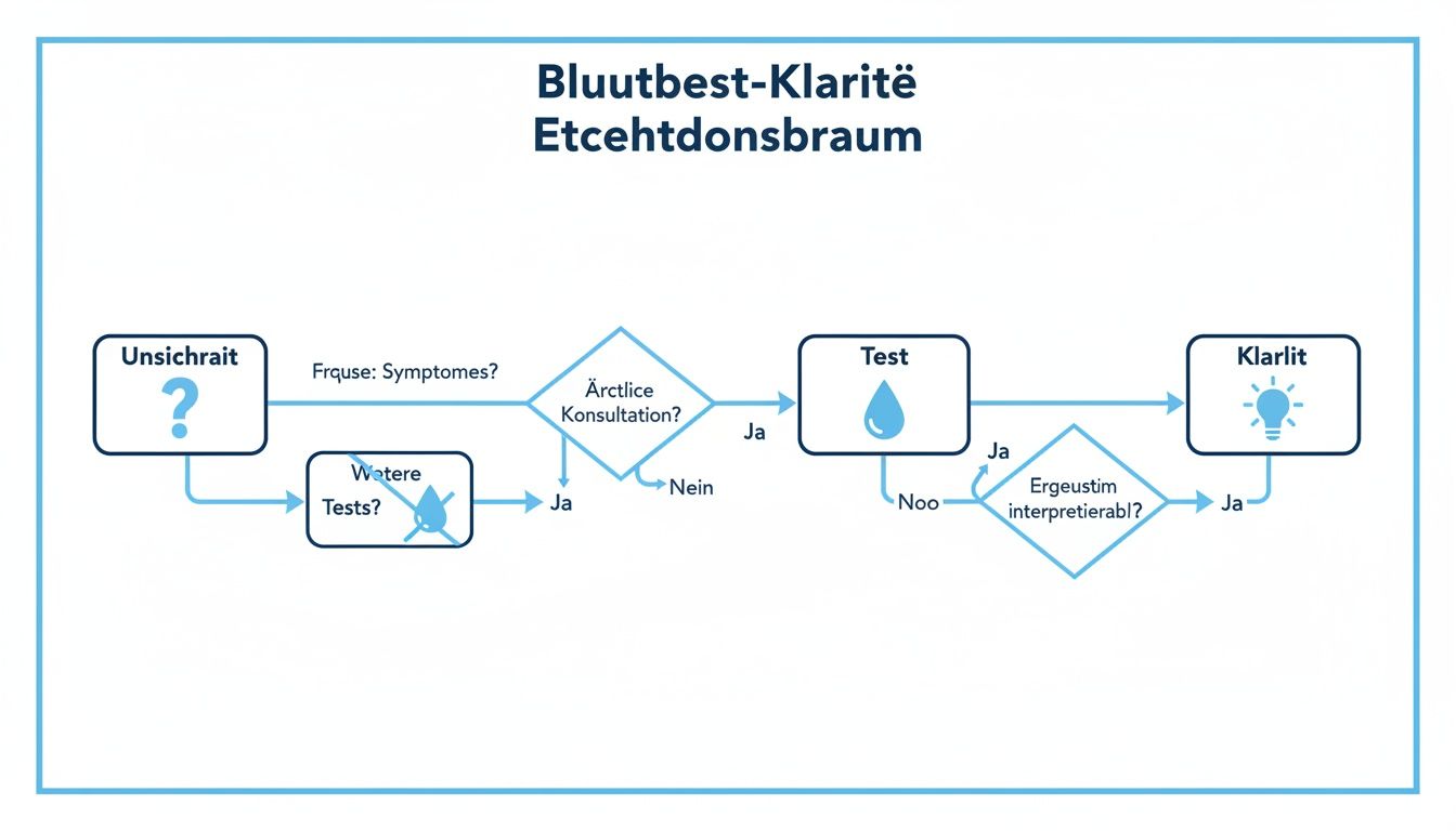 Ein Flussdiagramm, das einen diagnostischen Prozess von Unsicherheit zur Klarheit darstellt, mit ärztlicher Konsultation und Tests.