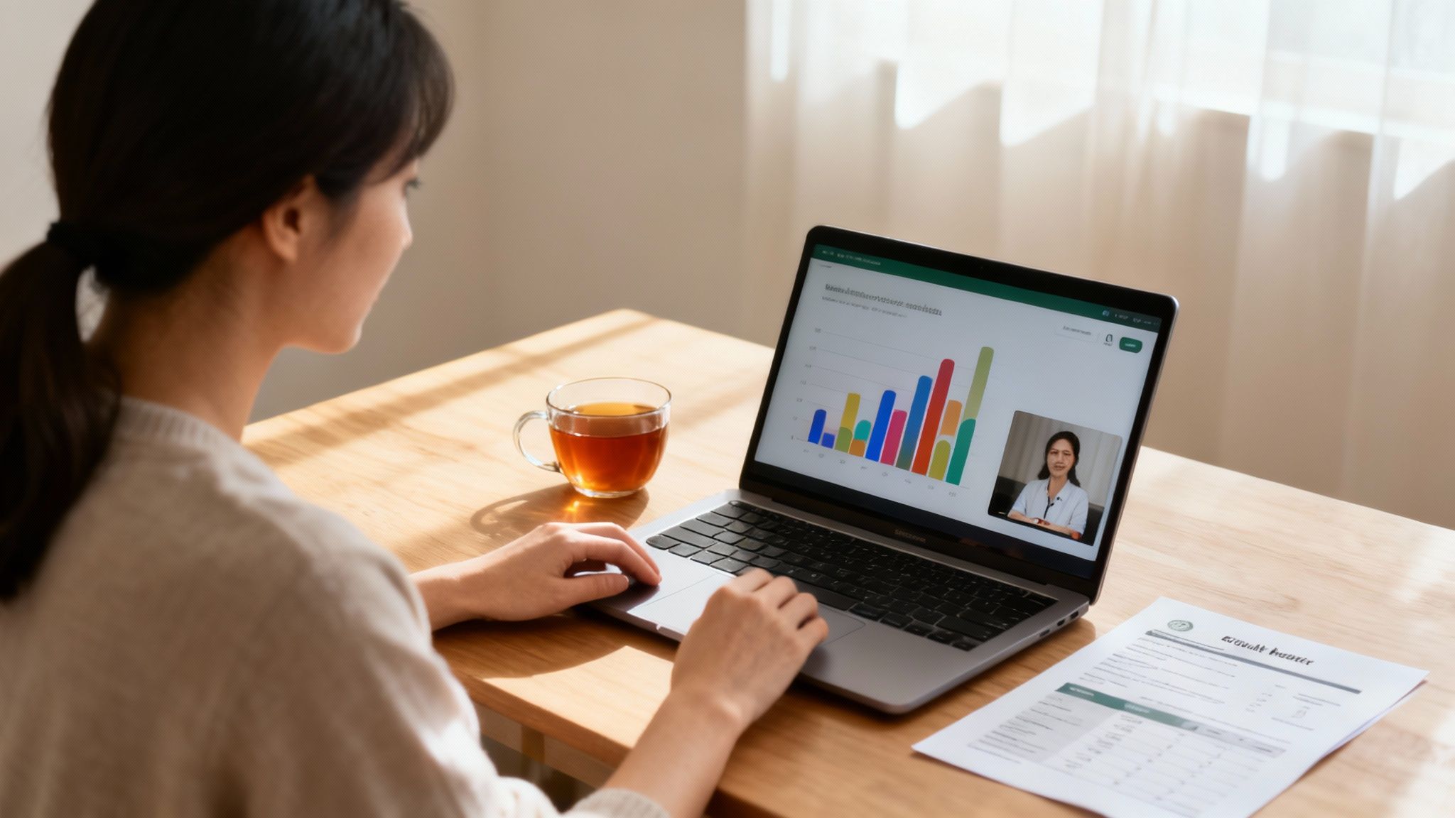 Giovane donna al computer portatile durante una videochiamata, mentre presenta dati e discute di un test per la salute intestinale con una collega.