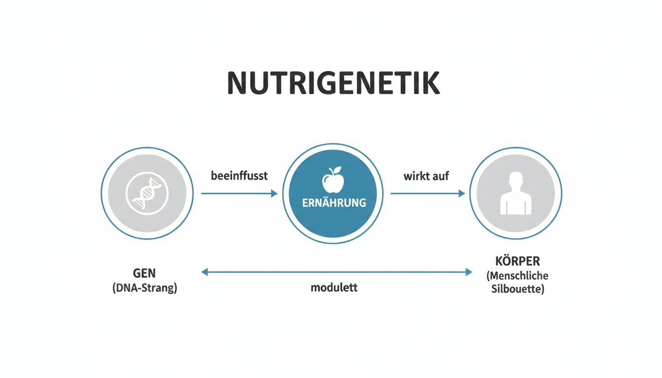 Nutrigenetics diagram: Genes influence nutrition, which in turn affects the body, and vice versa.