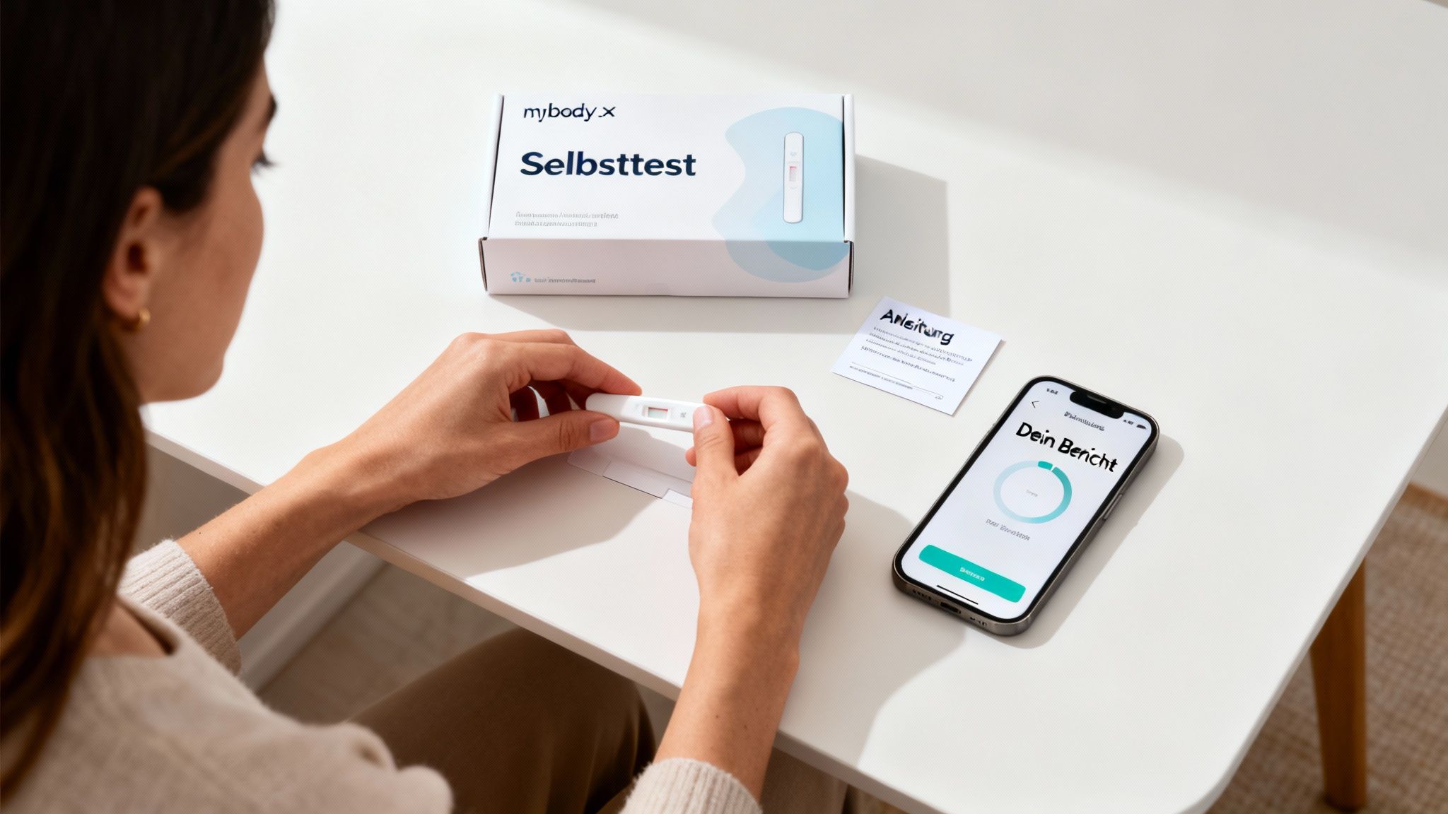 Eine Frau hält einen mybody.x Selbsttest in ihren Händen, während ein Smartphone ihren Bericht anzeigt.