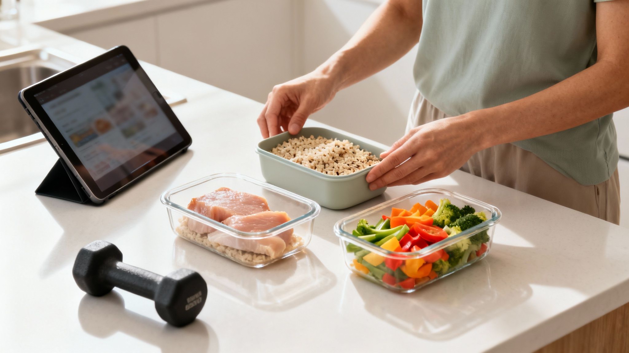 Eine Person bereitet gesunde Mahlzeiten mit Reis, Huhn und Gemüse vor, unterstützt durch einen Tablet-Plan und eine Hantel.