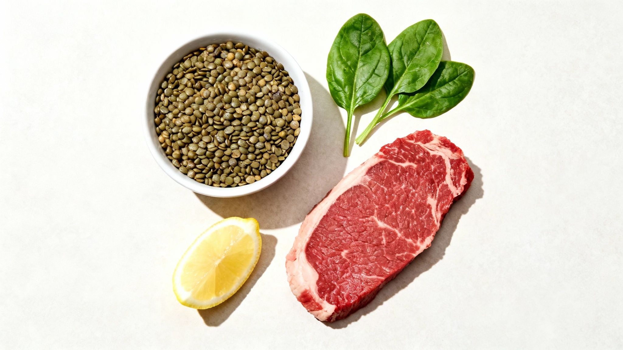 Zutaten für einen Eisentest: Linsen, Spinatblätter, rohes Rindersteak und eine halbe Zitrone auf weißem Hintergrund.