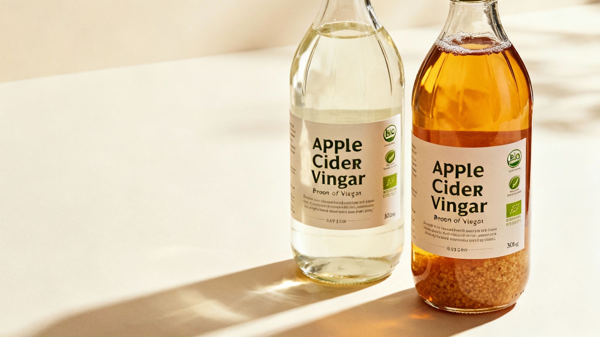Nahaufnahme einer Flasche naturtrüben Apfelessigs neben einem Glas mit Wasser.
