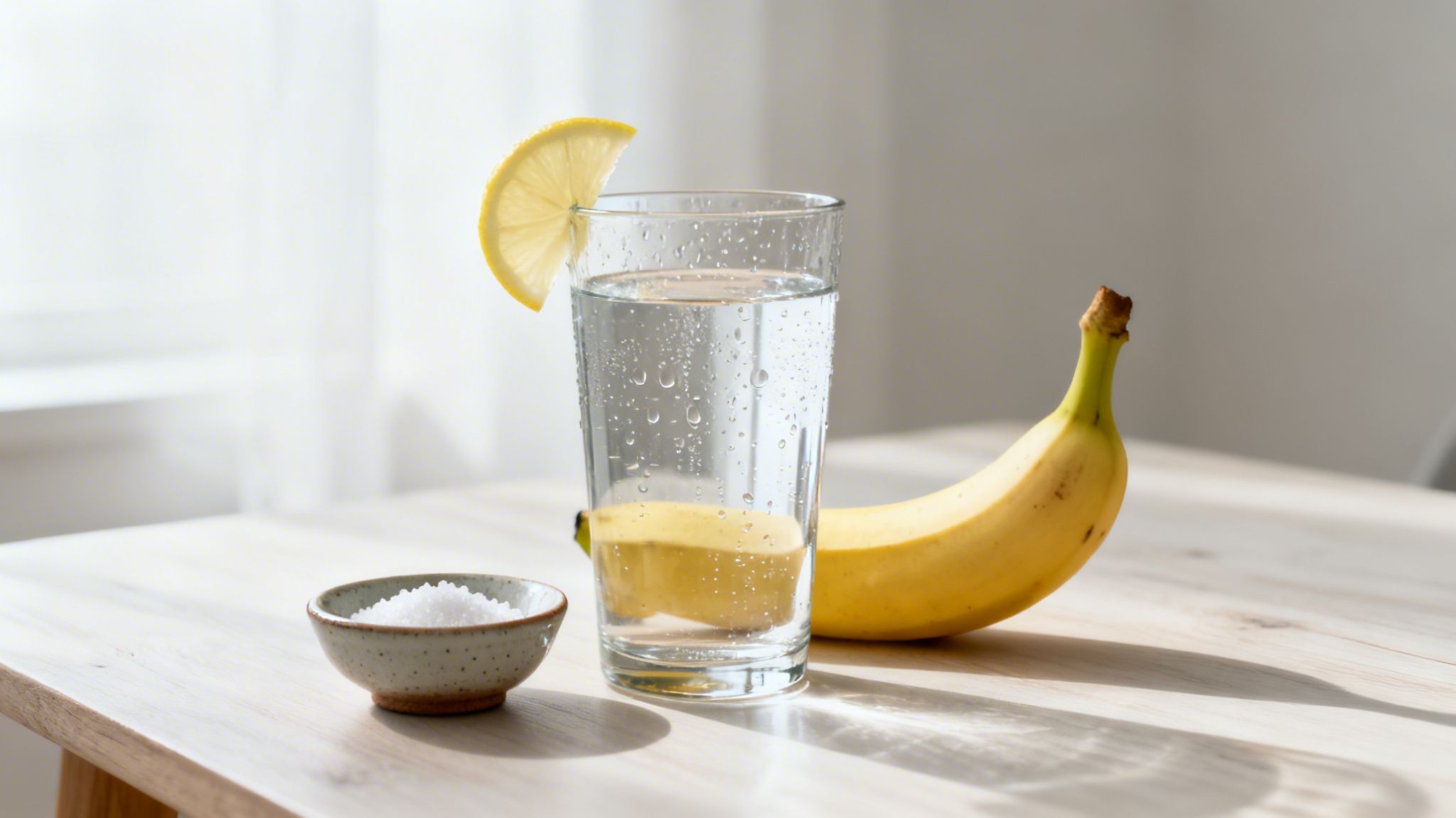 Szklanka wody z plasterkiem cytryny, banan i miseczka soli na drewnianym stole.