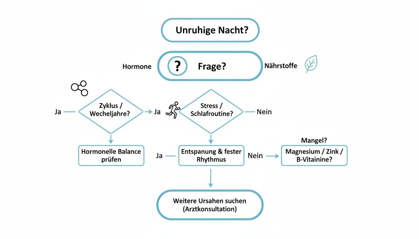 Flowchart for analyzing the causes of restless nights: hormones, stress, sleep routine and nutrient deficiency.