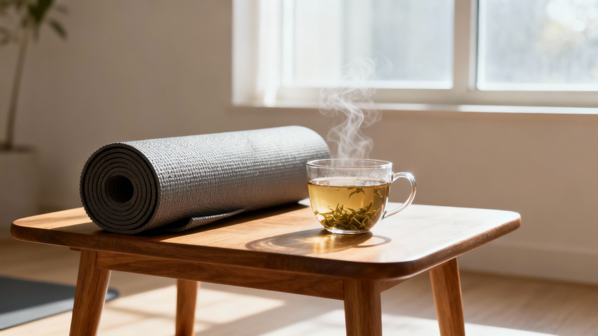 Eine gerollte graue Yogamatte und eine dampfende Tasse grüner Tee auf einem Holztisch vor einem Fenster.