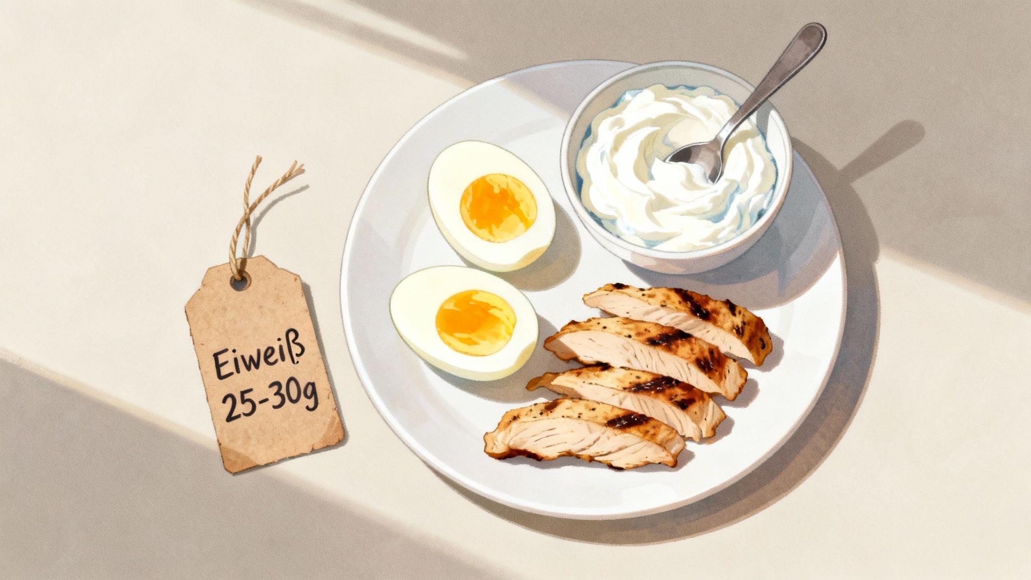 Ein Teller mit gekochten Eiern, gegrilltem Hähnchen und Quark, daneben ein Etikett mit der Aufschrift 'Eiweiß 25-30g'.