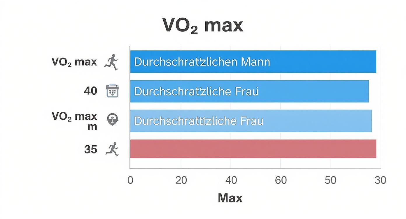 Infografik zur VO2max Wert Tabelle, die den Durchschnittswert für Männer (40) und Frauen (35) zeigt